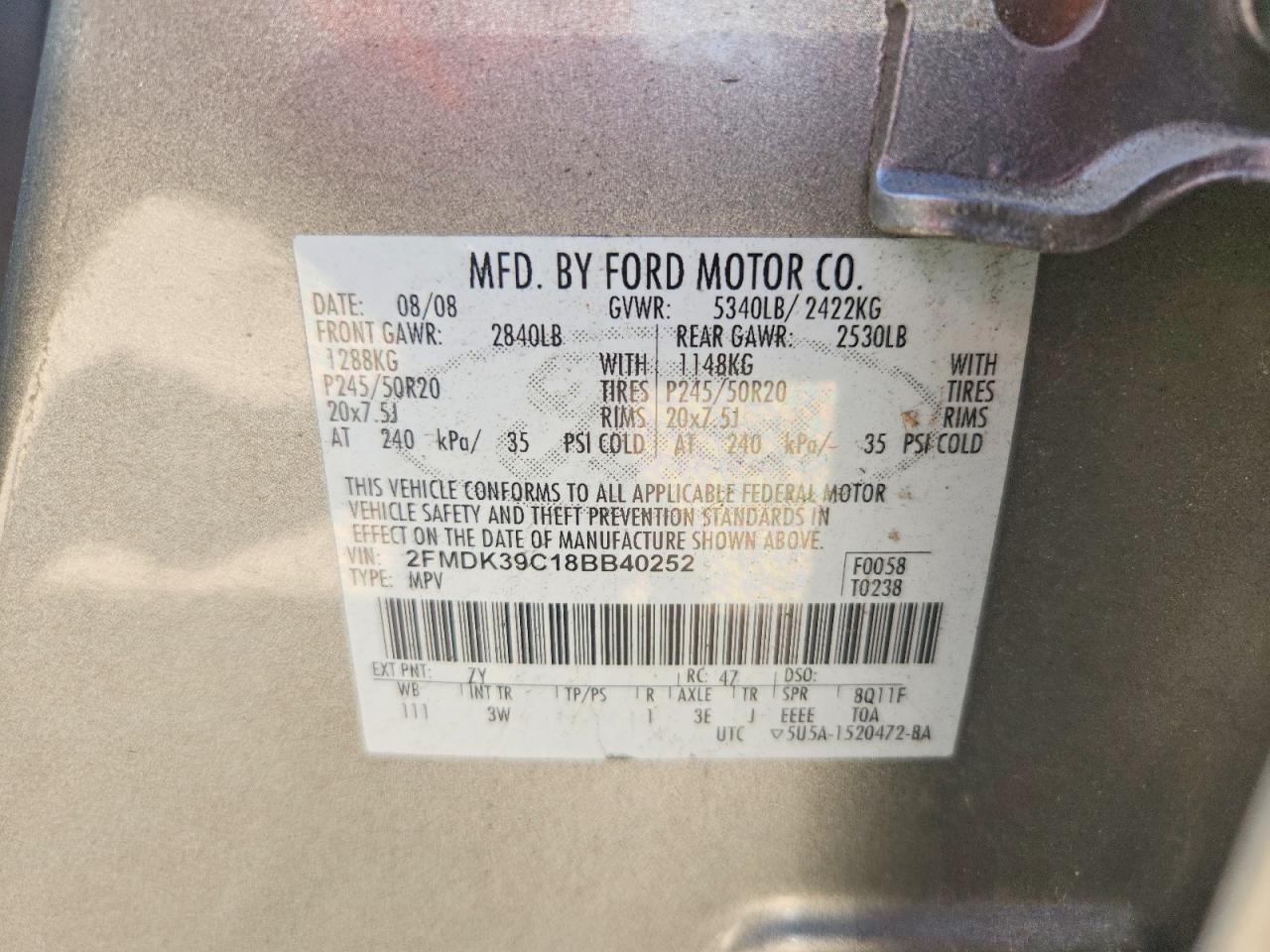 2008 Ford Edge Limited Gray vin: 2FMDK39C18BB40252