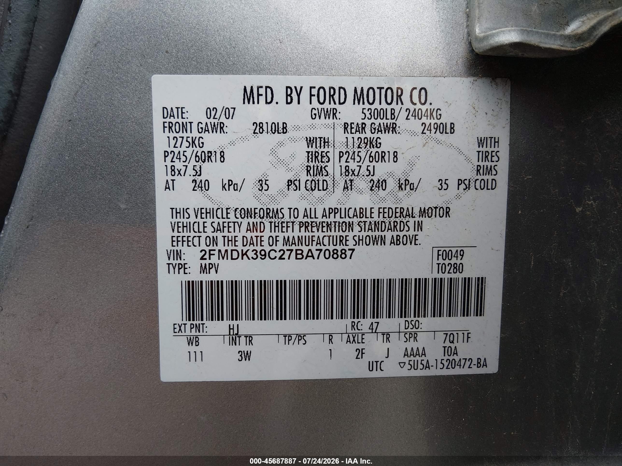 2007 Ford Edge Sel Plus Gray vin: 2FMDK39C27BA70887