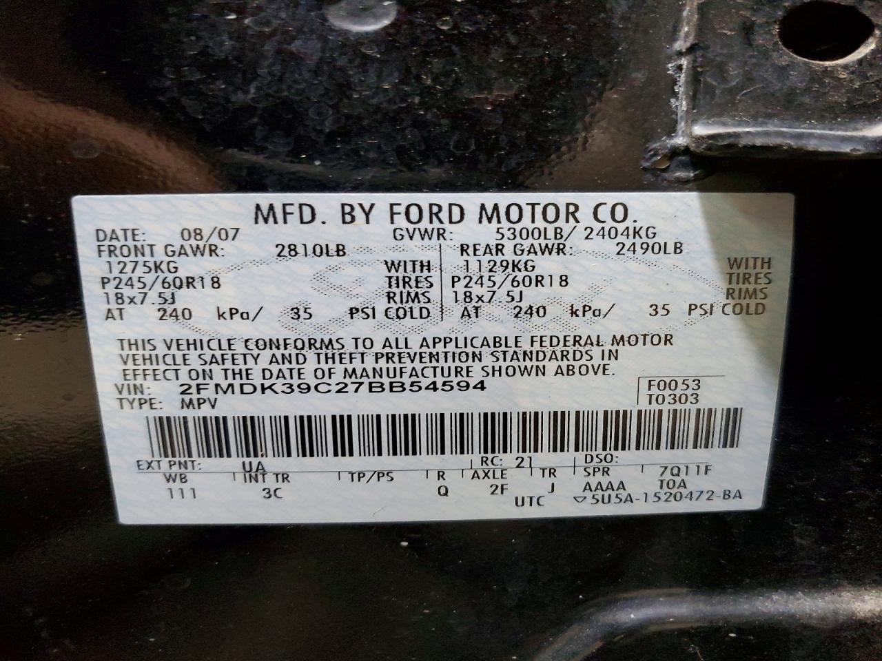 2007 Ford Edge Sel Plus Black vin: 2FMDK39C27BB54594