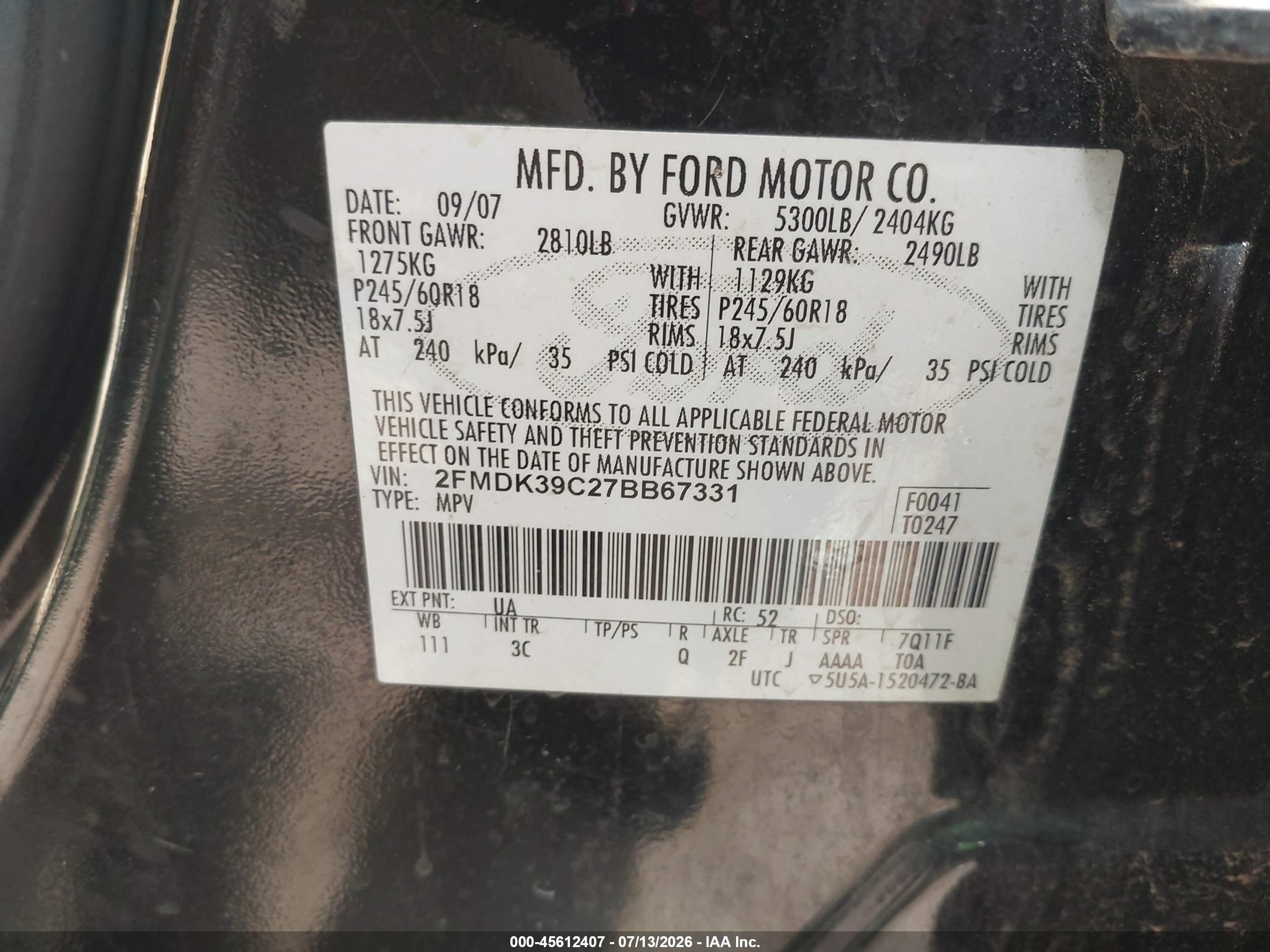 2007 Ford Edge Sel Plus Черный vin: 2FMDK39C27BB67331