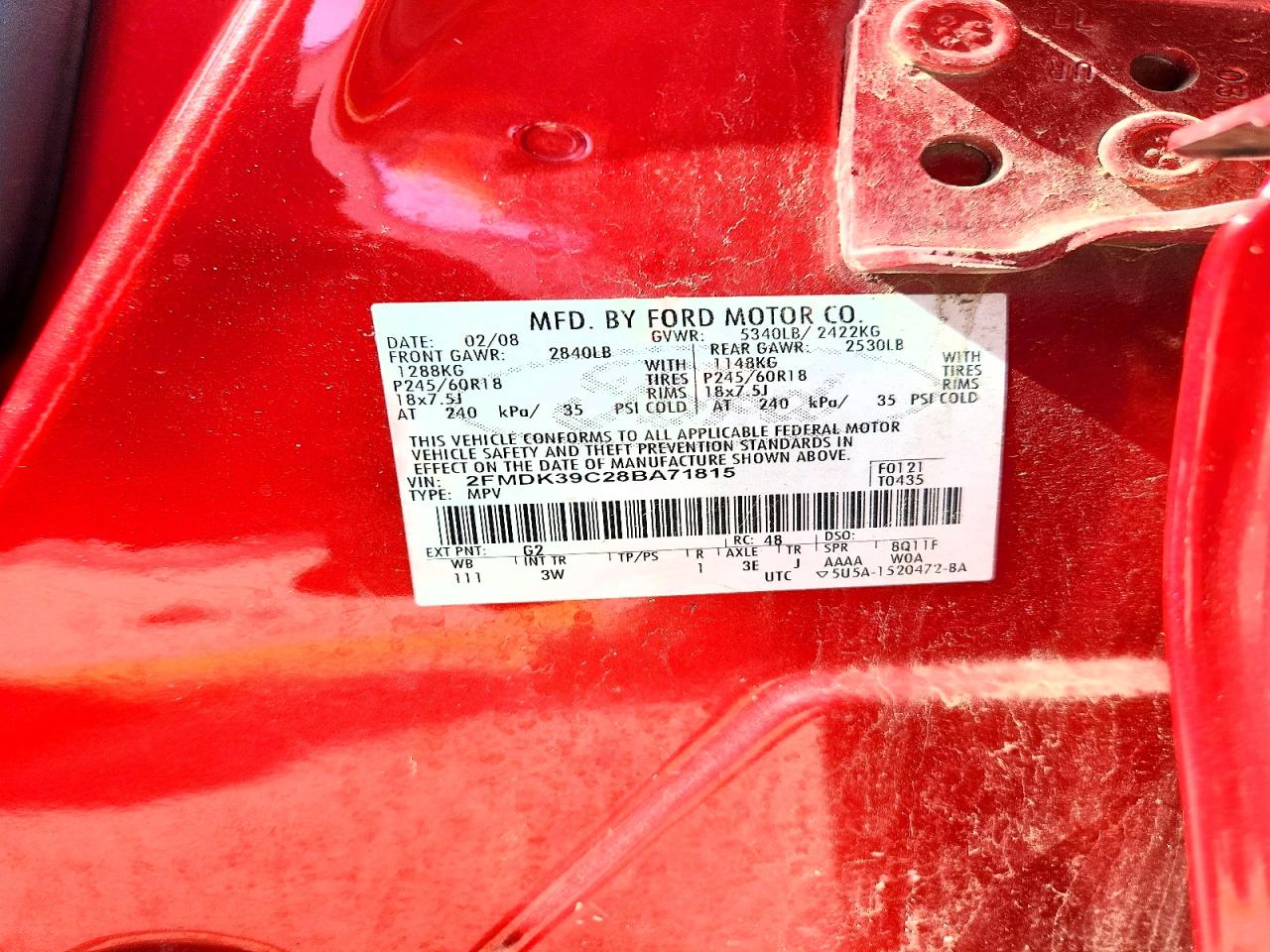 2008 Ford Edge Limited Red vin: 2FMDK39C28BA71815