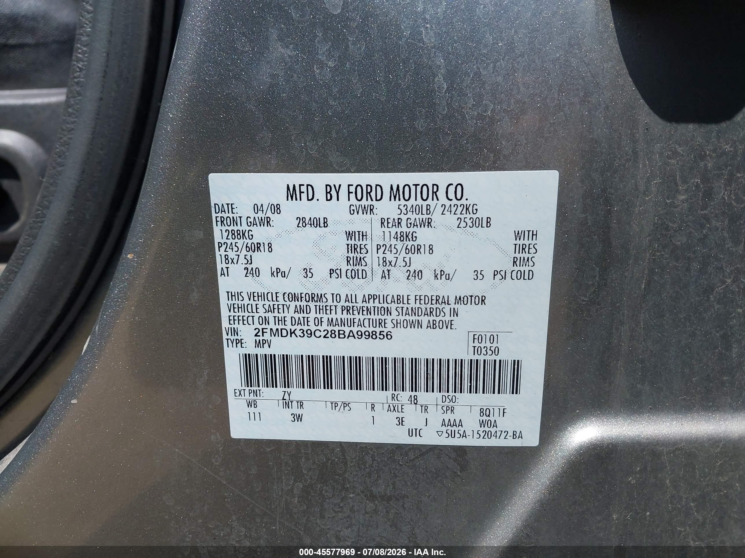 2008 Ford Edge Limited Серебряный vin: 2FMDK39C28BA99856