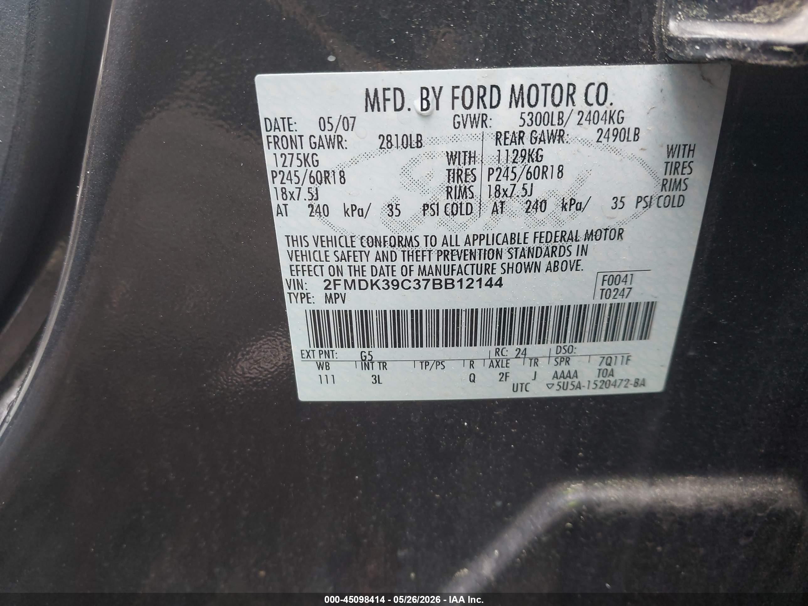 2007 Ford Edge Sel Plus Gray vin: 2FMDK39C37BB12144