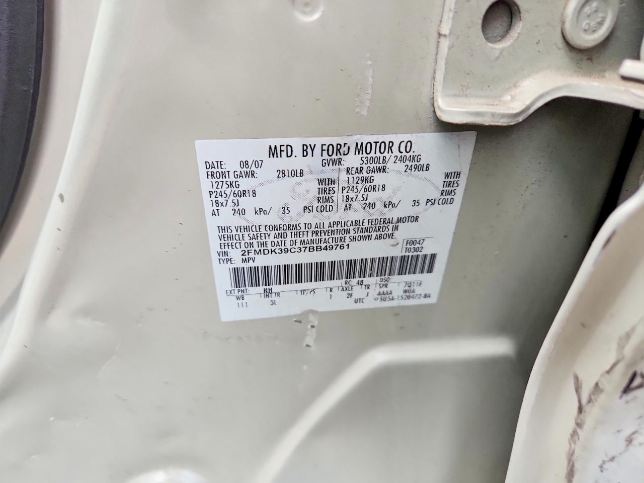 2007 Ford Edge Sel Plus Бежевый vin: 2FMDK39C37BB49761
