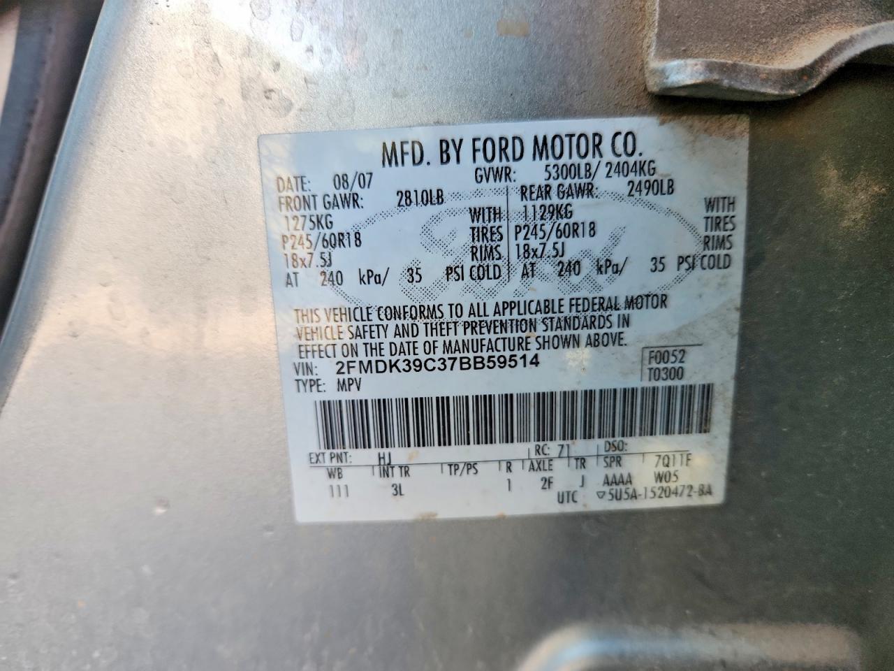 2007 Ford Edge Sel Plus Silver vin: 2FMDK39C37BB59514
