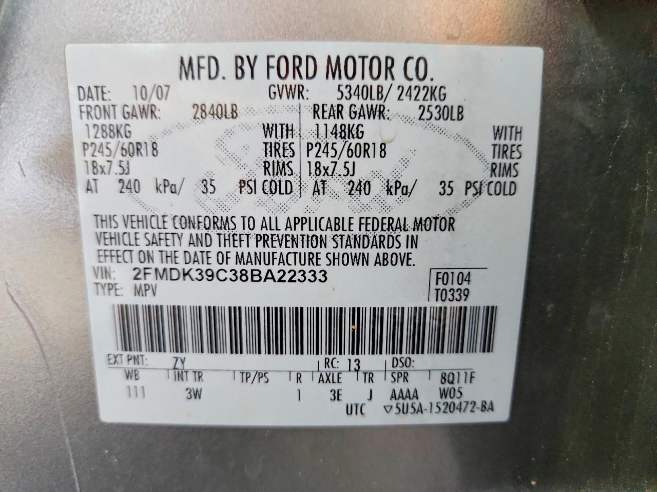 2008 Ford Edge Limited Gray vin: 2FMDK39C38BA22333