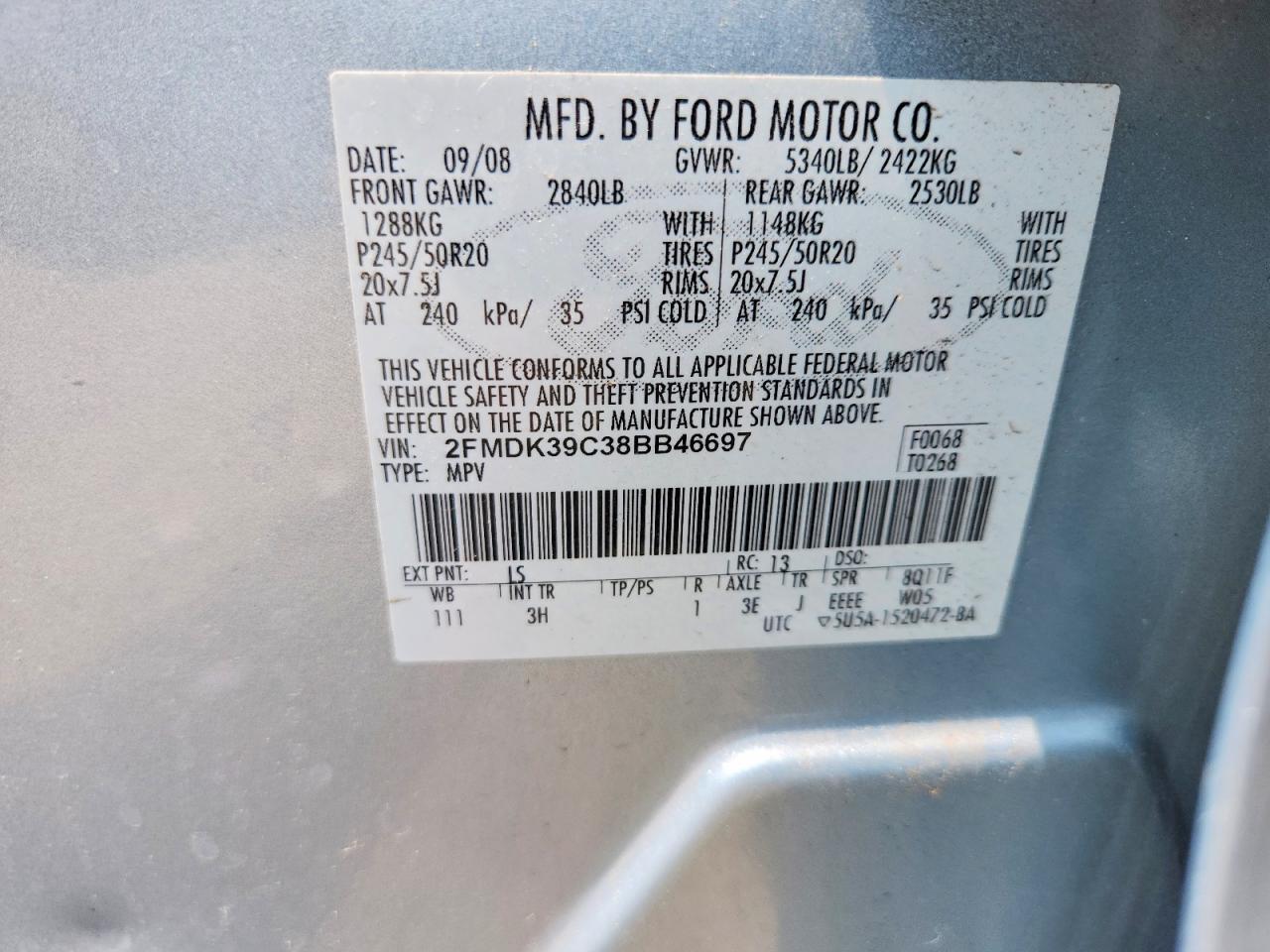 2008 Ford Edge Limited Blue vin: 2FMDK39C38BB46697