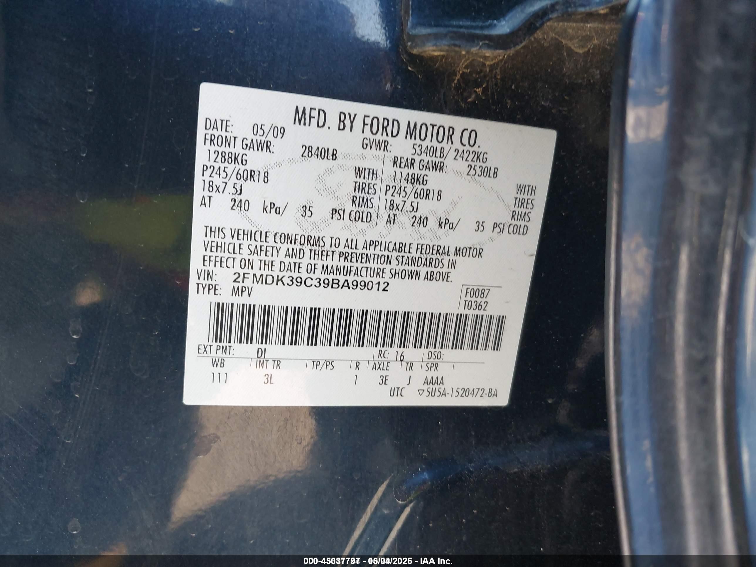 2009 Ford Edge Limited Dark Blue vin: 2FMDK39C39BA99012