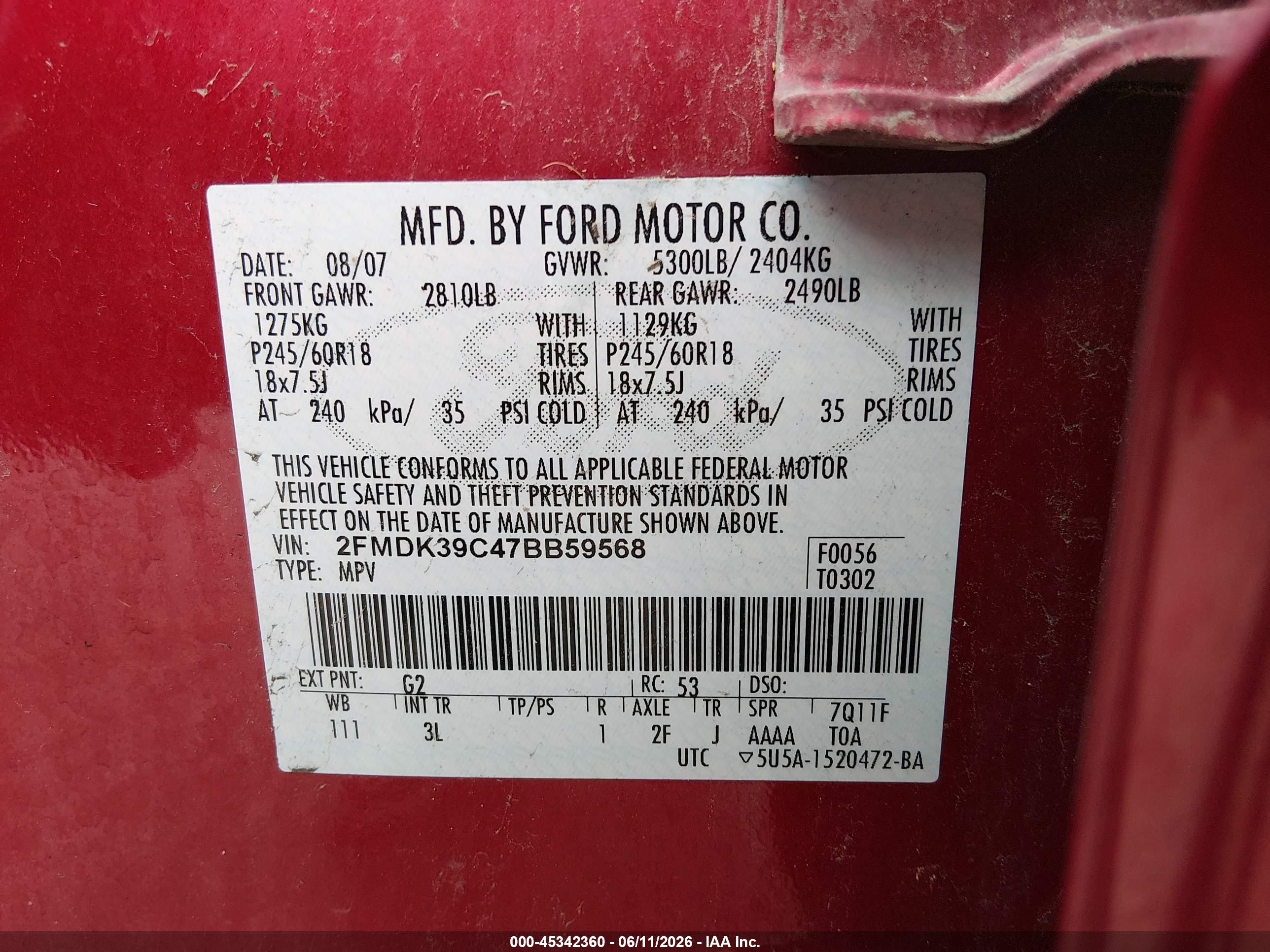 2007 Ford Edge Sel Plus Red vin: 2FMDK39C47BB59568