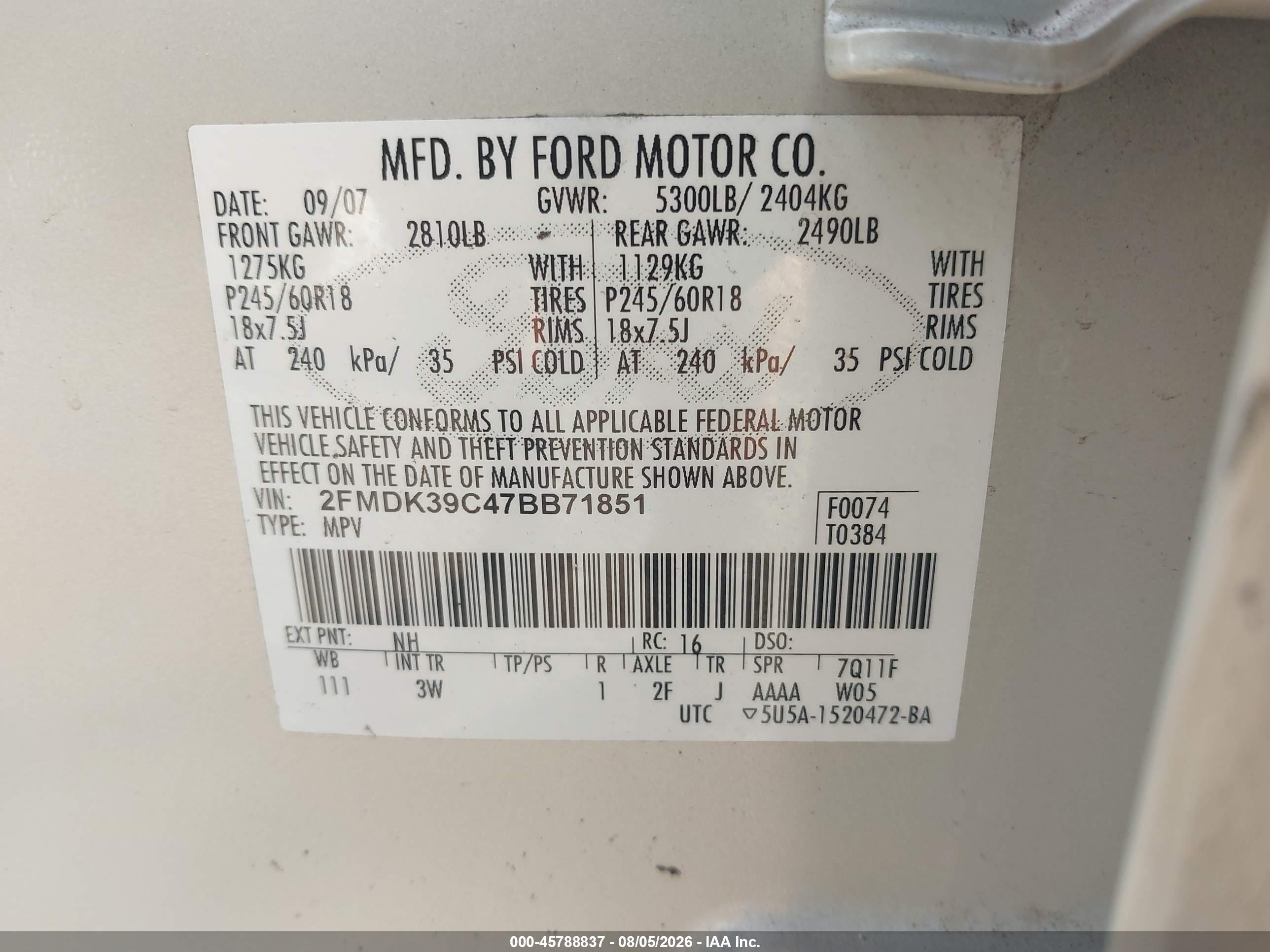 2007 Ford Edge Sel Plus White vin: 2FMDK39C47BB71851