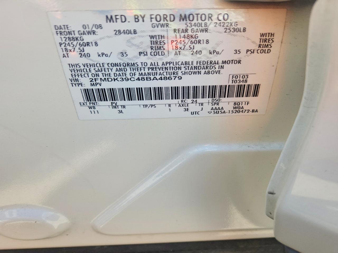 2008 Ford Edge Limited White vin: 2FMDK39C48BA48679