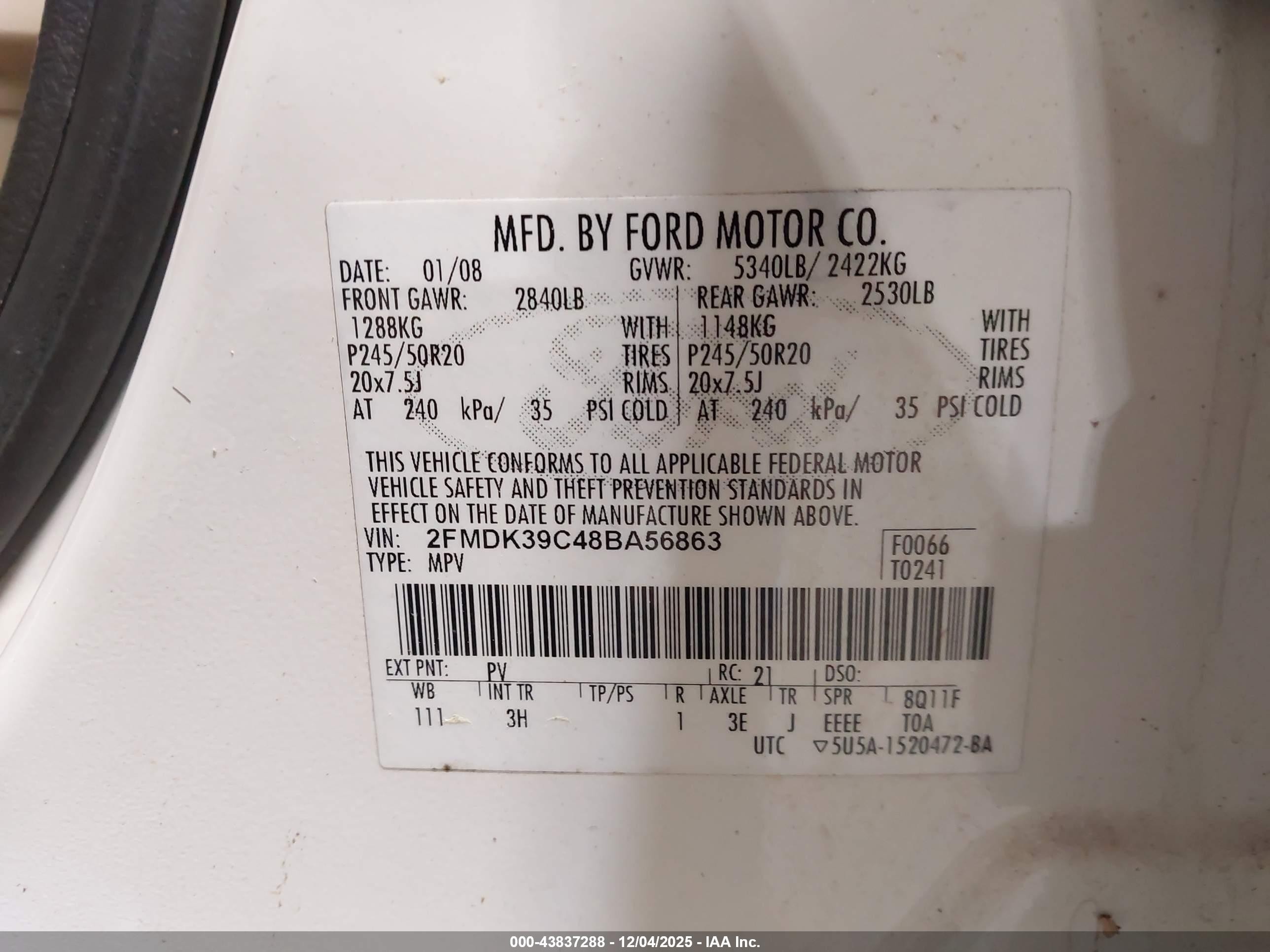 2008 Ford Edge Limited White vin: 2FMDK39C48BA56863