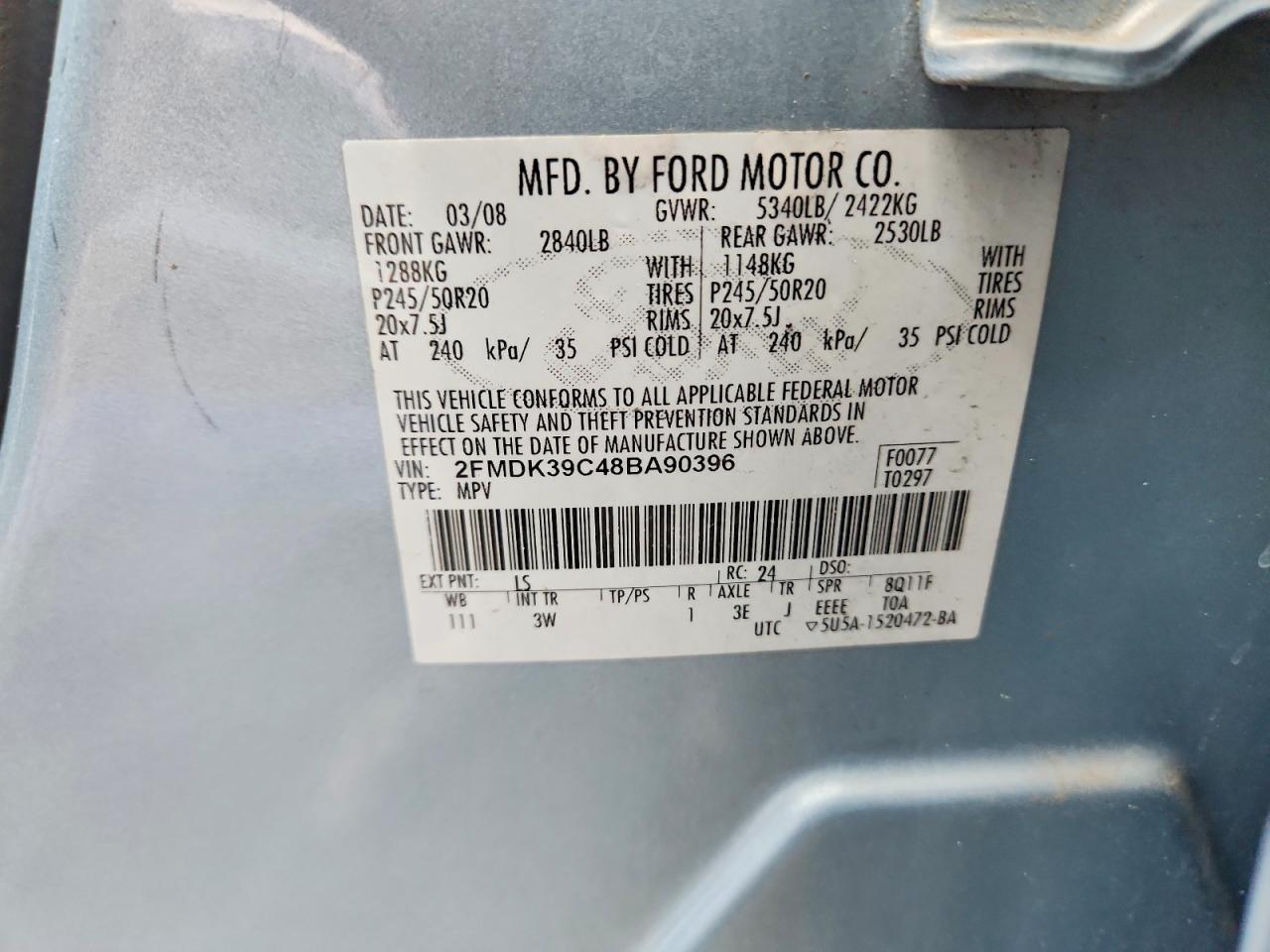 2008 Ford Edge Limited Blue vin: 2FMDK39C48BA90396