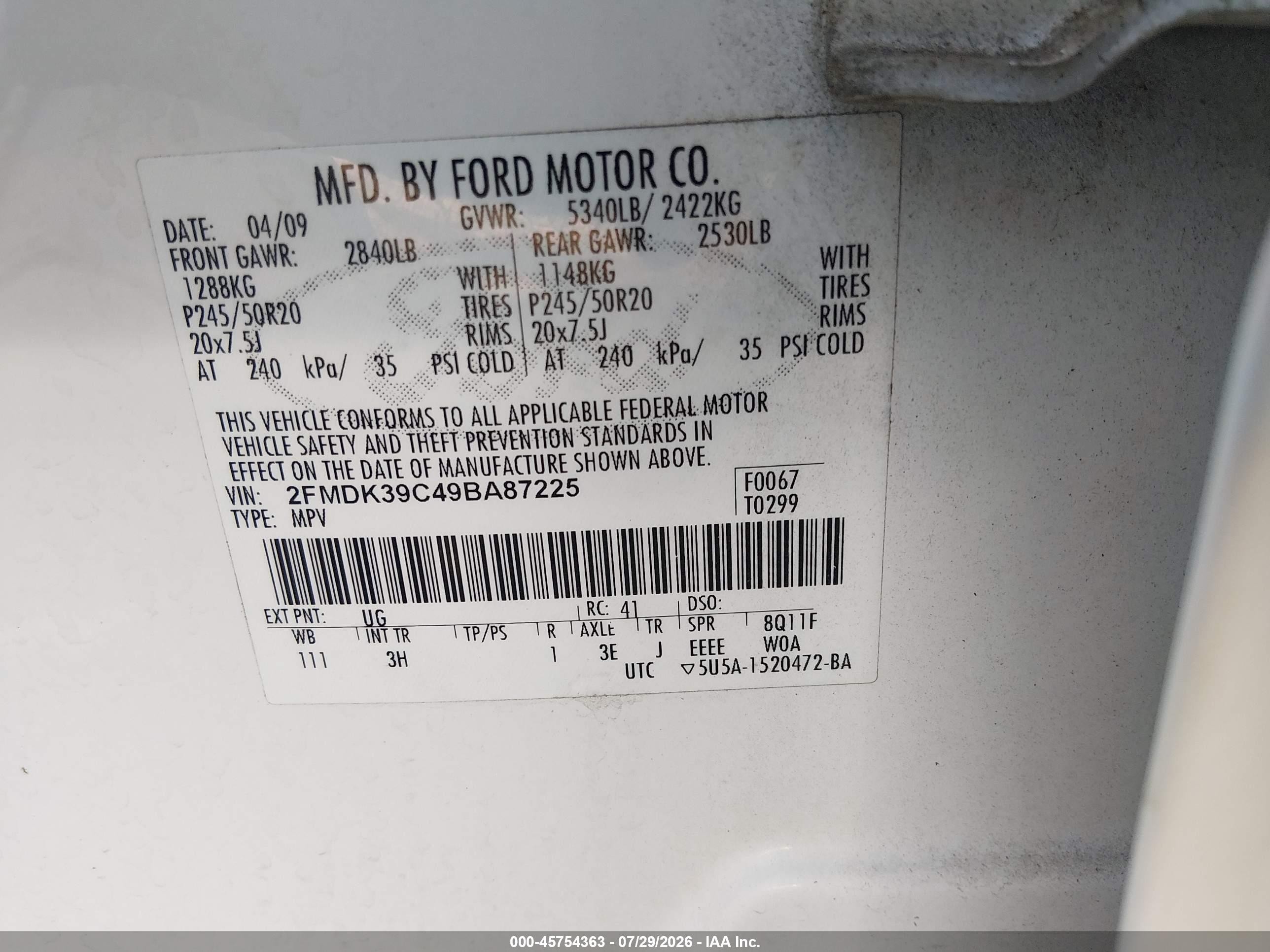2009 Ford Edge Limited White vin: 2FMDK39C49BA87225