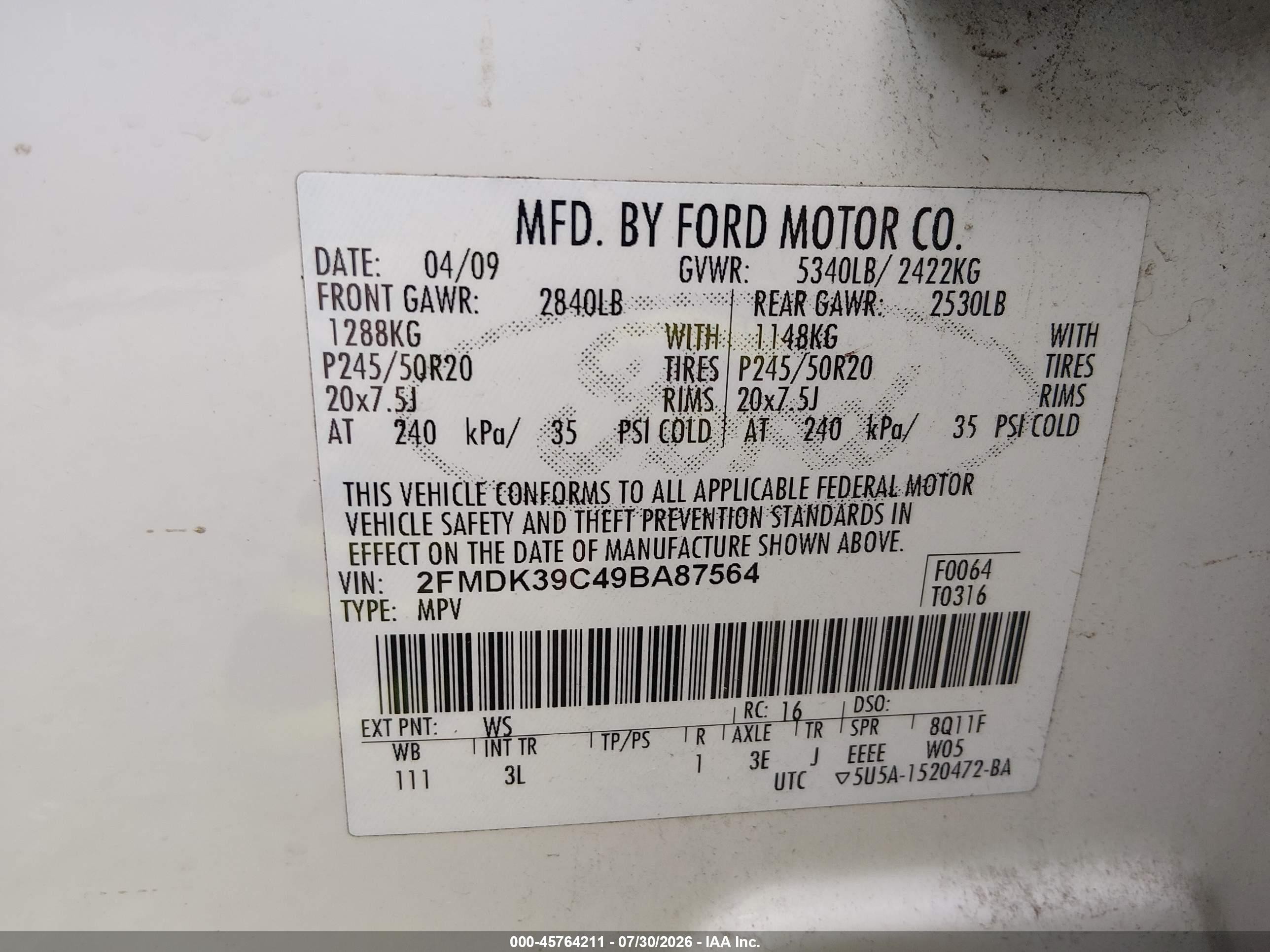 2009 Ford Edge Limited White vin: 2FMDK39C49BA87564