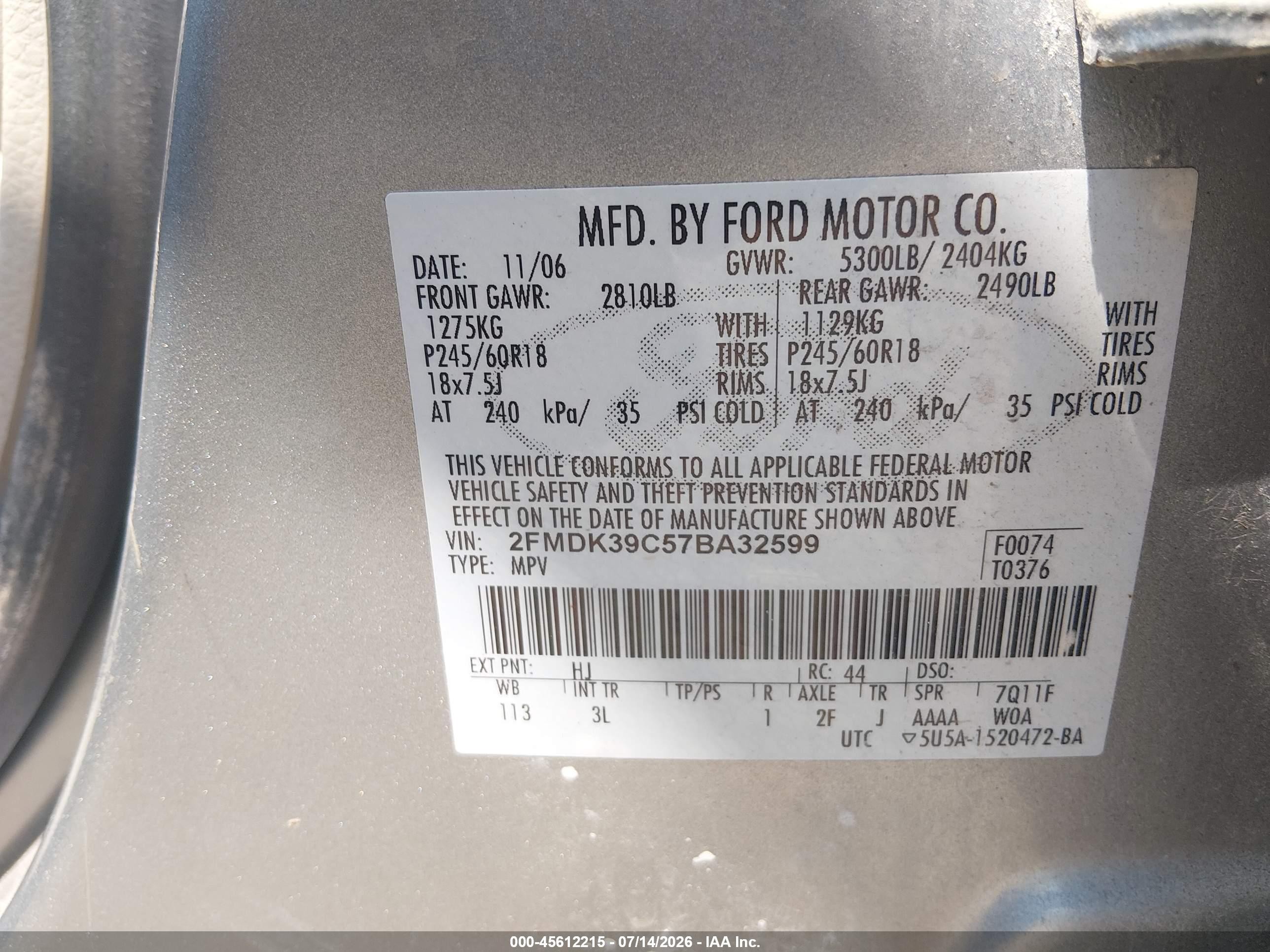 2007 Ford Edge Sel Plus Silver vin: 2FMDK39C57BA32599