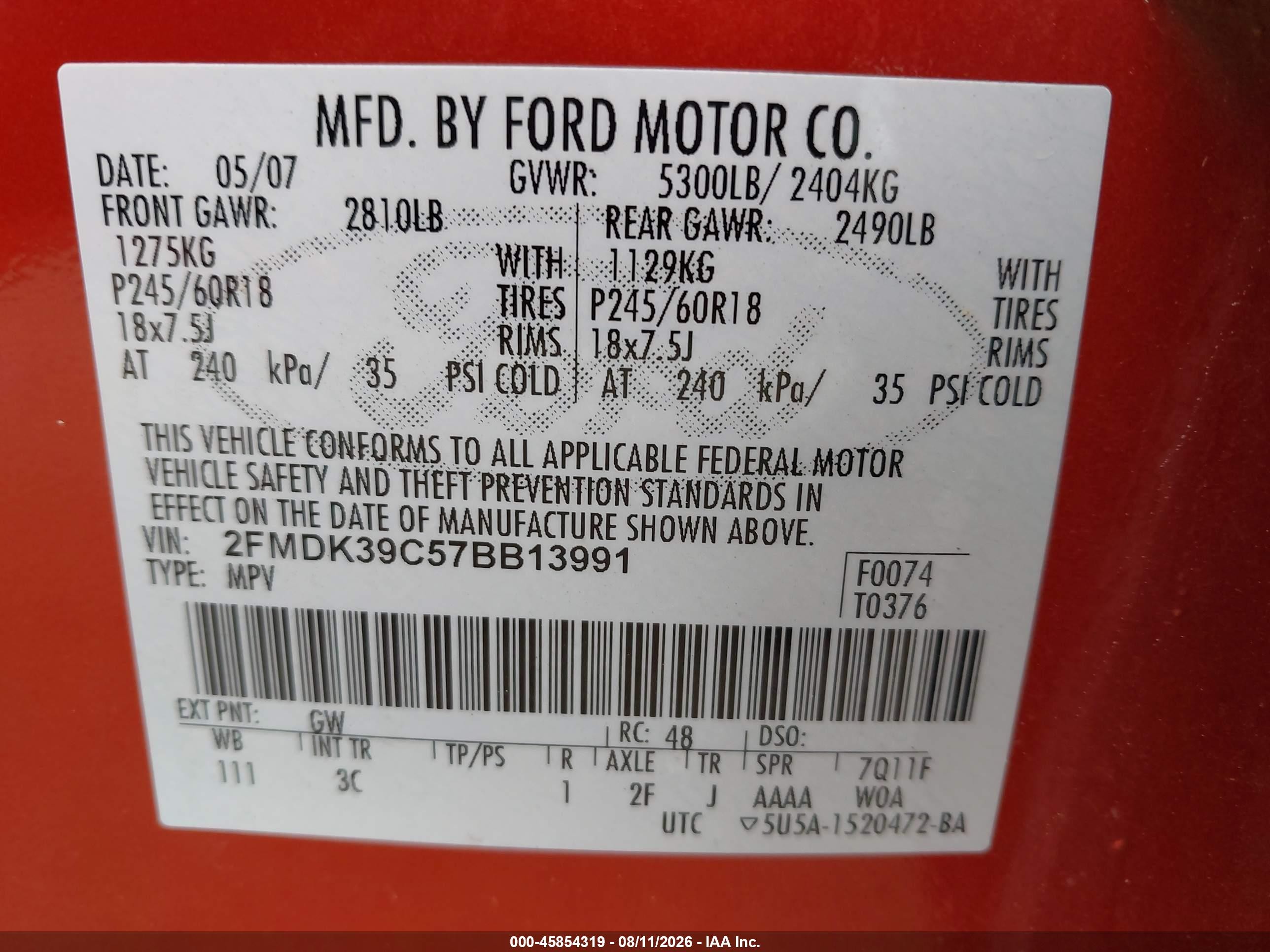 2007 Ford Edge Sel Plus Orange vin: 2FMDK39C57BB13991