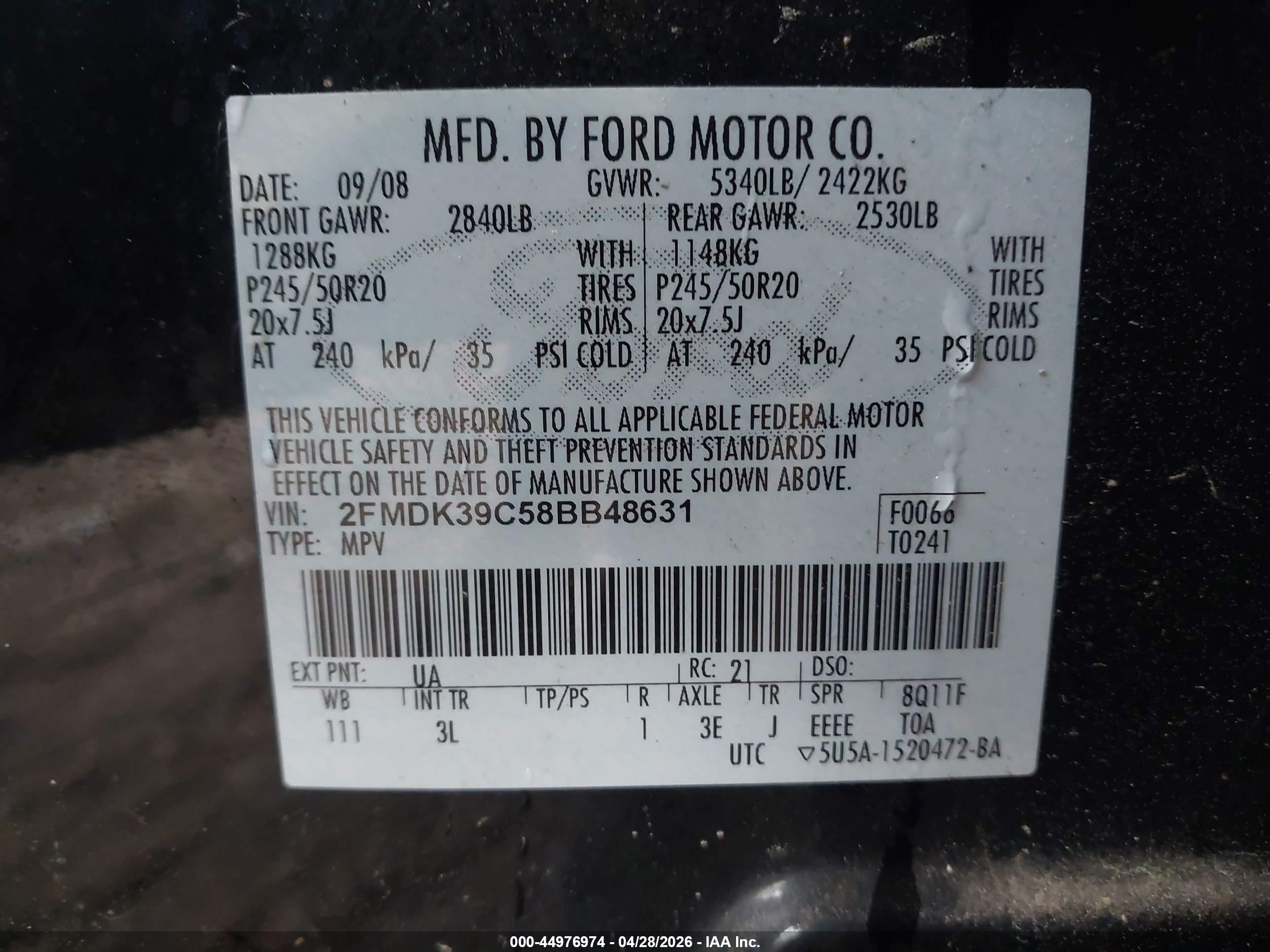 2008 Ford Edge Limited Black vin: 2FMDK39C58BB48631