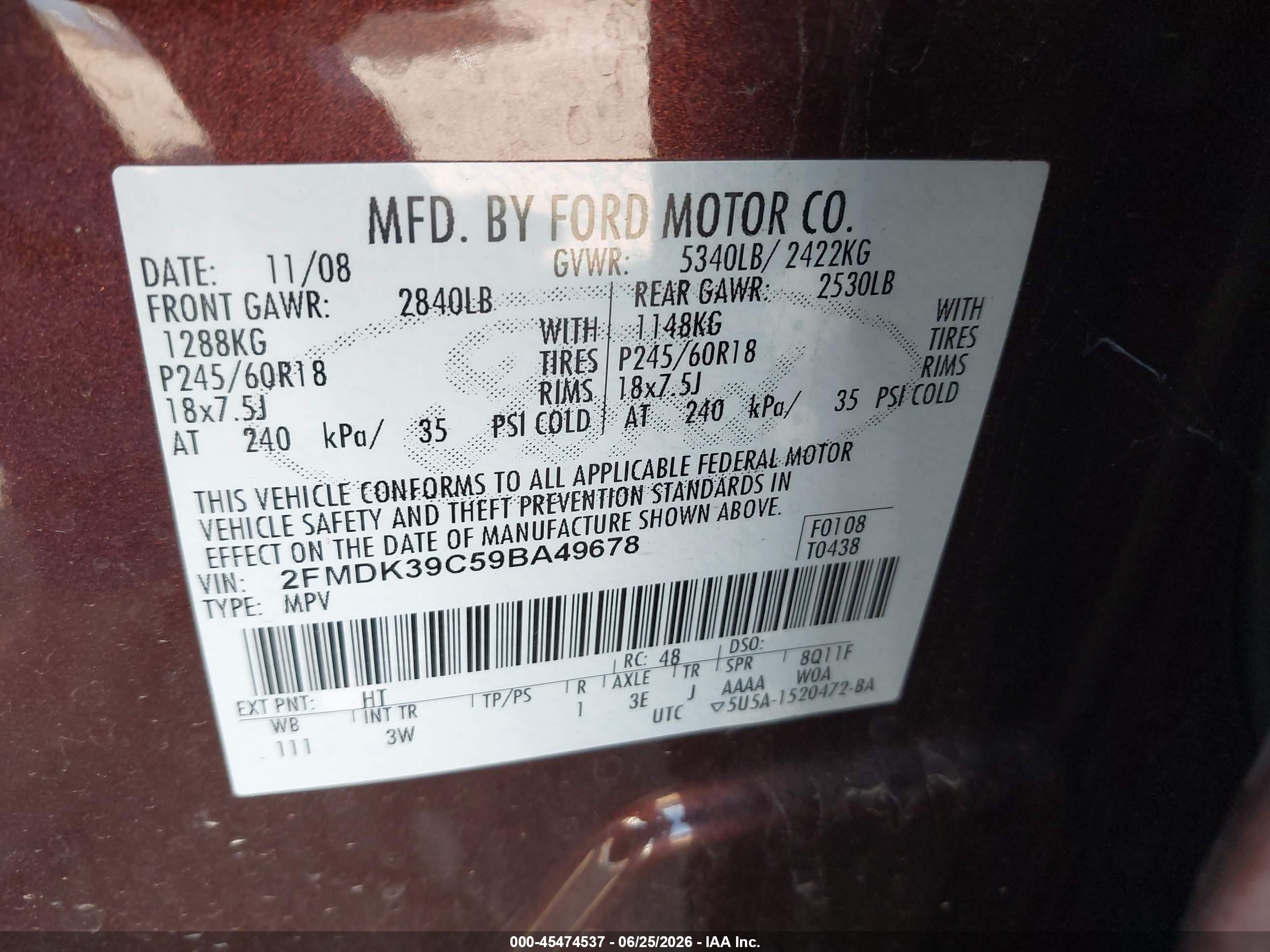2009 Ford Edge Limited Burgundy vin: 2FMDK39C59BA49678