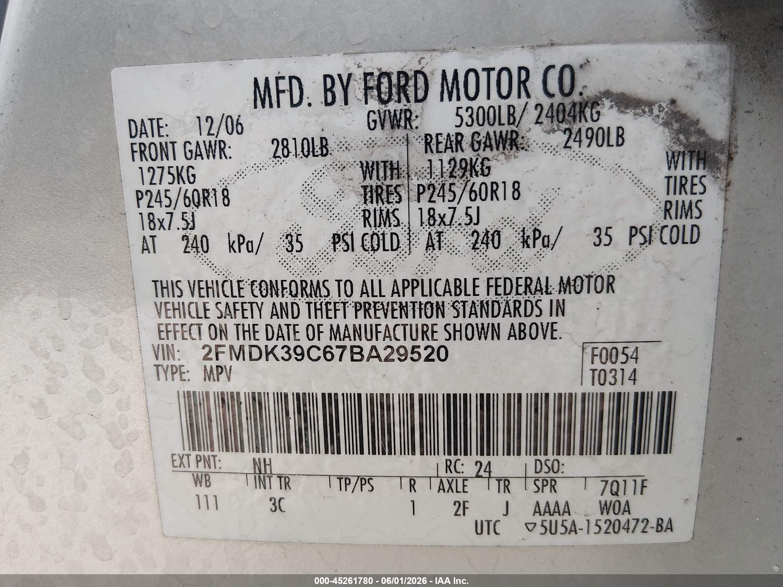 2007 Ford Edge Sel Plus Champagne vin: 2FMDK39C67BA29520