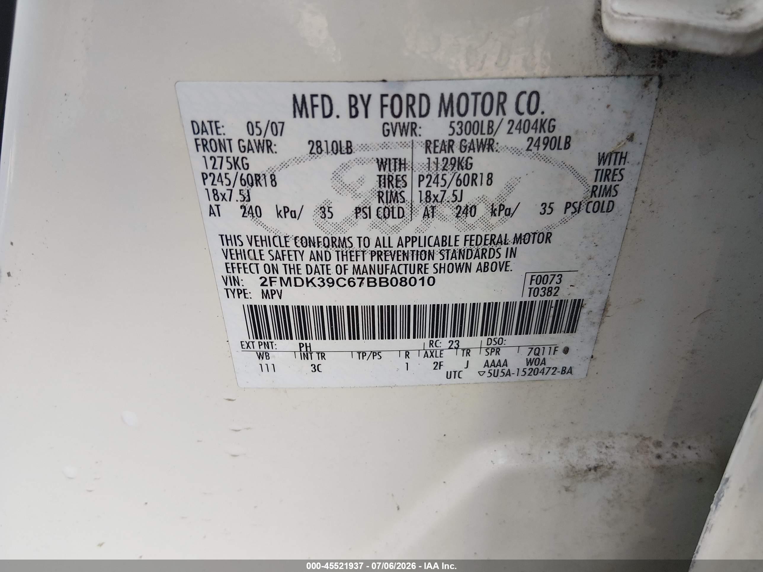 2007 Ford Edge Sel Plus White vin: 2FMDK39C67BB08010