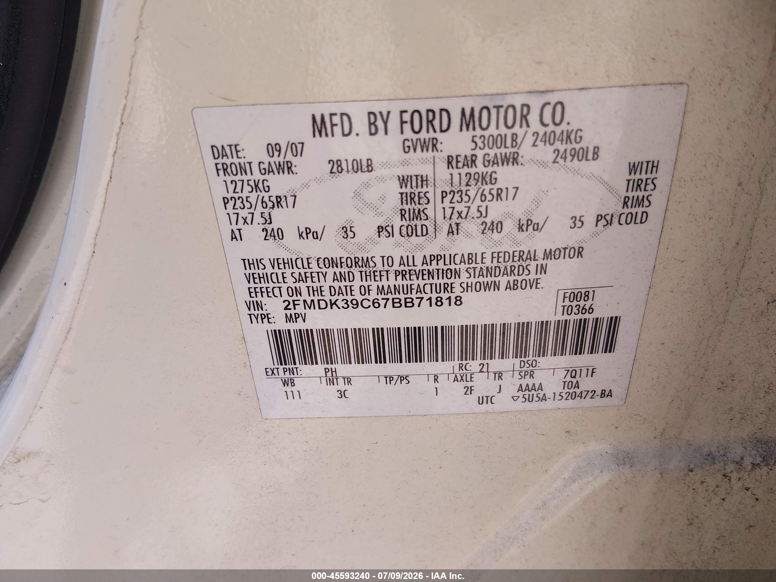 2007 Ford Edge Sel Plus White vin: 2FMDK39C67BB71818