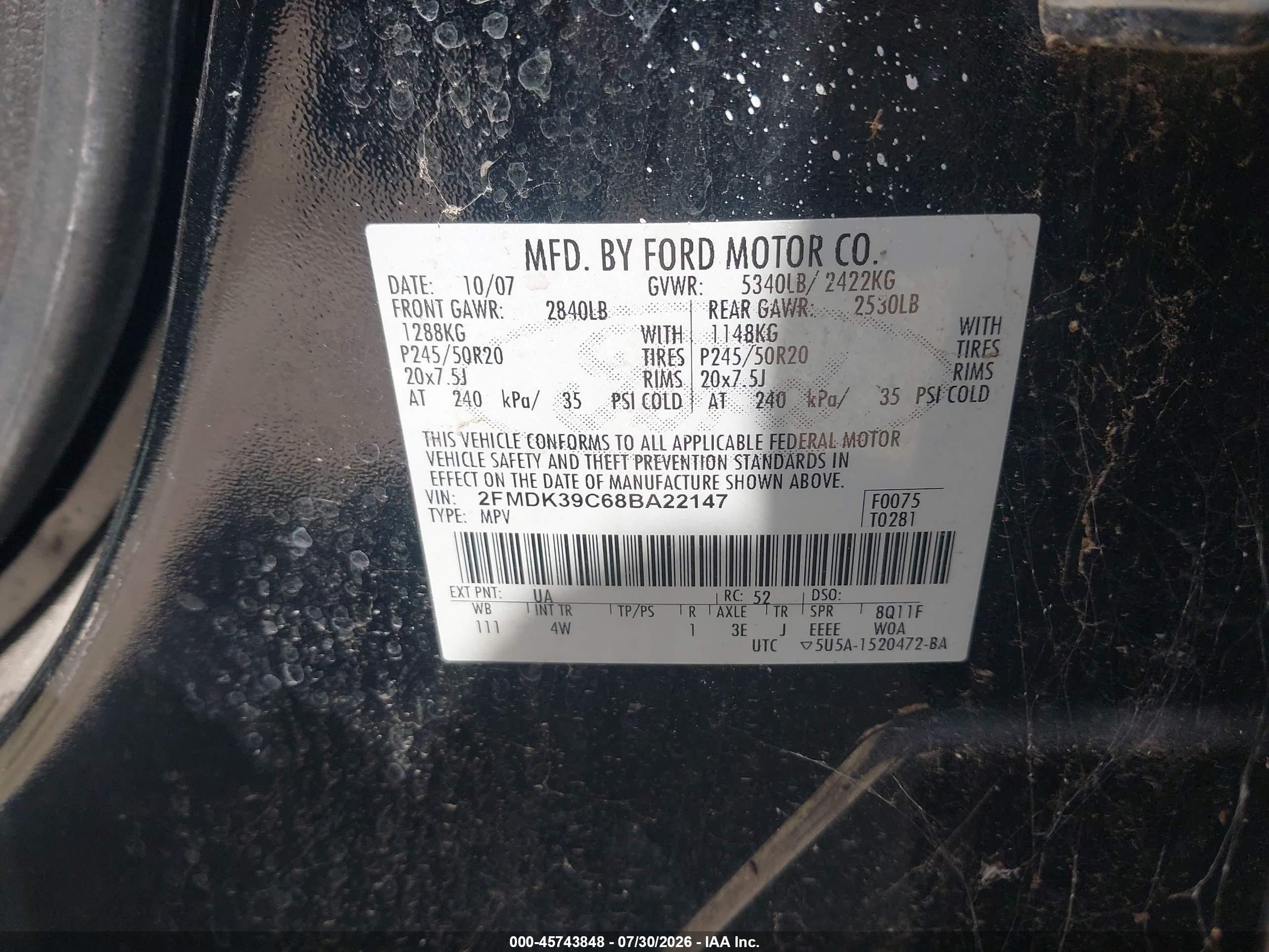 2008 Ford Edge Limited Black vin: 2FMDK39C68BA22147