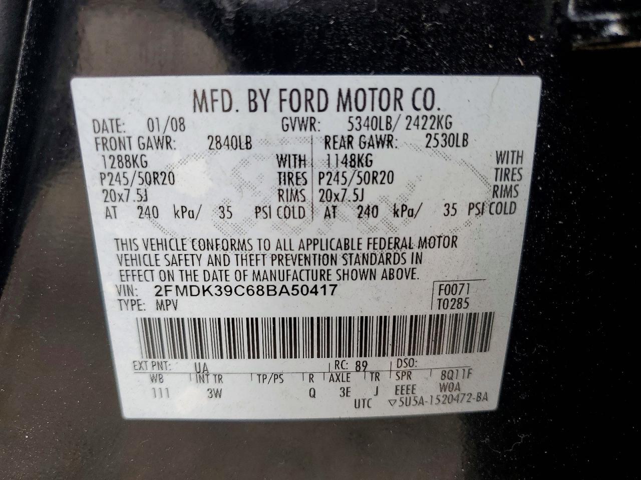 2008 Ford Edge Limited Black vin: 2FMDK39C68BA50417