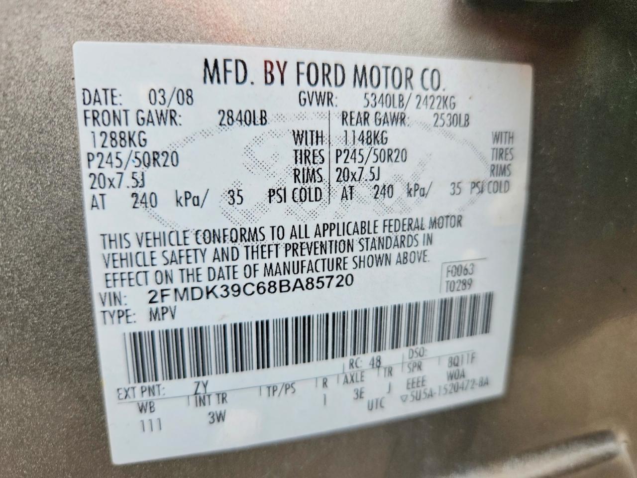 2008 Ford Edge Limited Gray vin: 2FMDK39C68BA85720