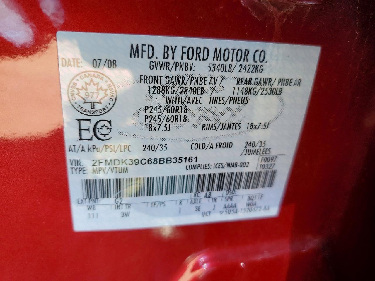 2008 Ford Edge Limited Red vin: 2FMDK39C68BB35161