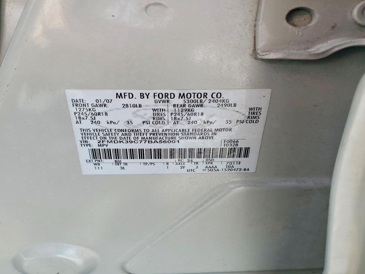 2007 Ford Edge Sel Plus Кремовый vin: 2FMDK39C77BA56001