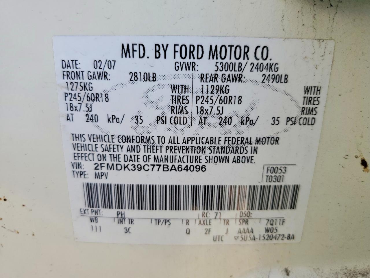 2007 Ford Edge Sel Plus White vin: 2FMDK39C77BA64096