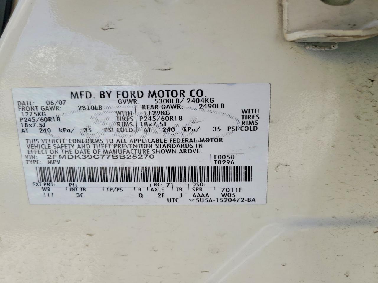 2007 Ford Edge Sel Plus White vin: 2FMDK39C77BB25270