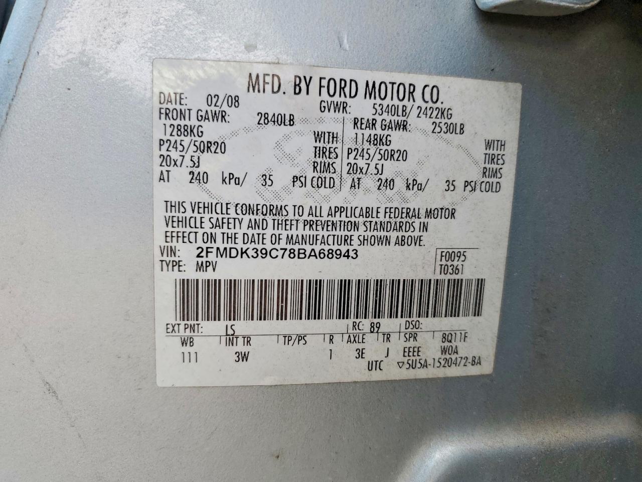 2008 Ford Edge Limited Blue vin: 2FMDK39C78BA68943