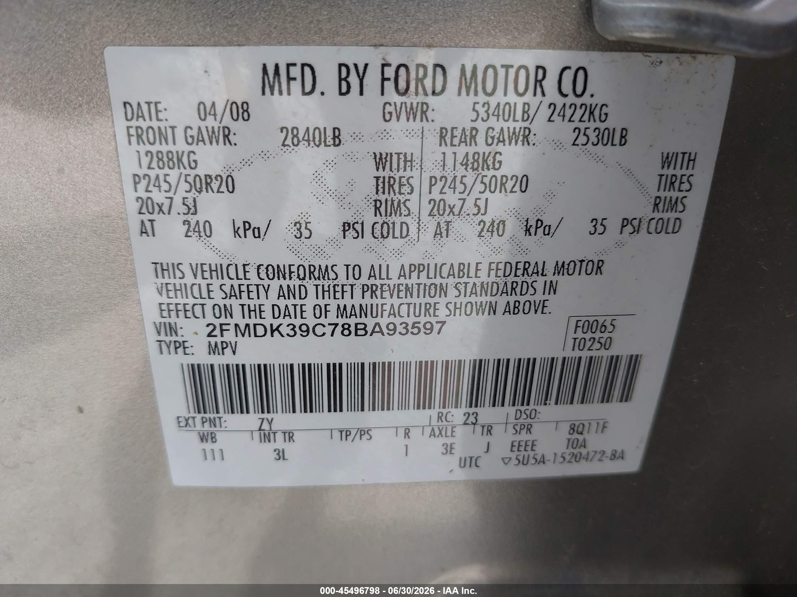 2008 Ford Edge Limited Серый vin: 2FMDK39C78BA93597