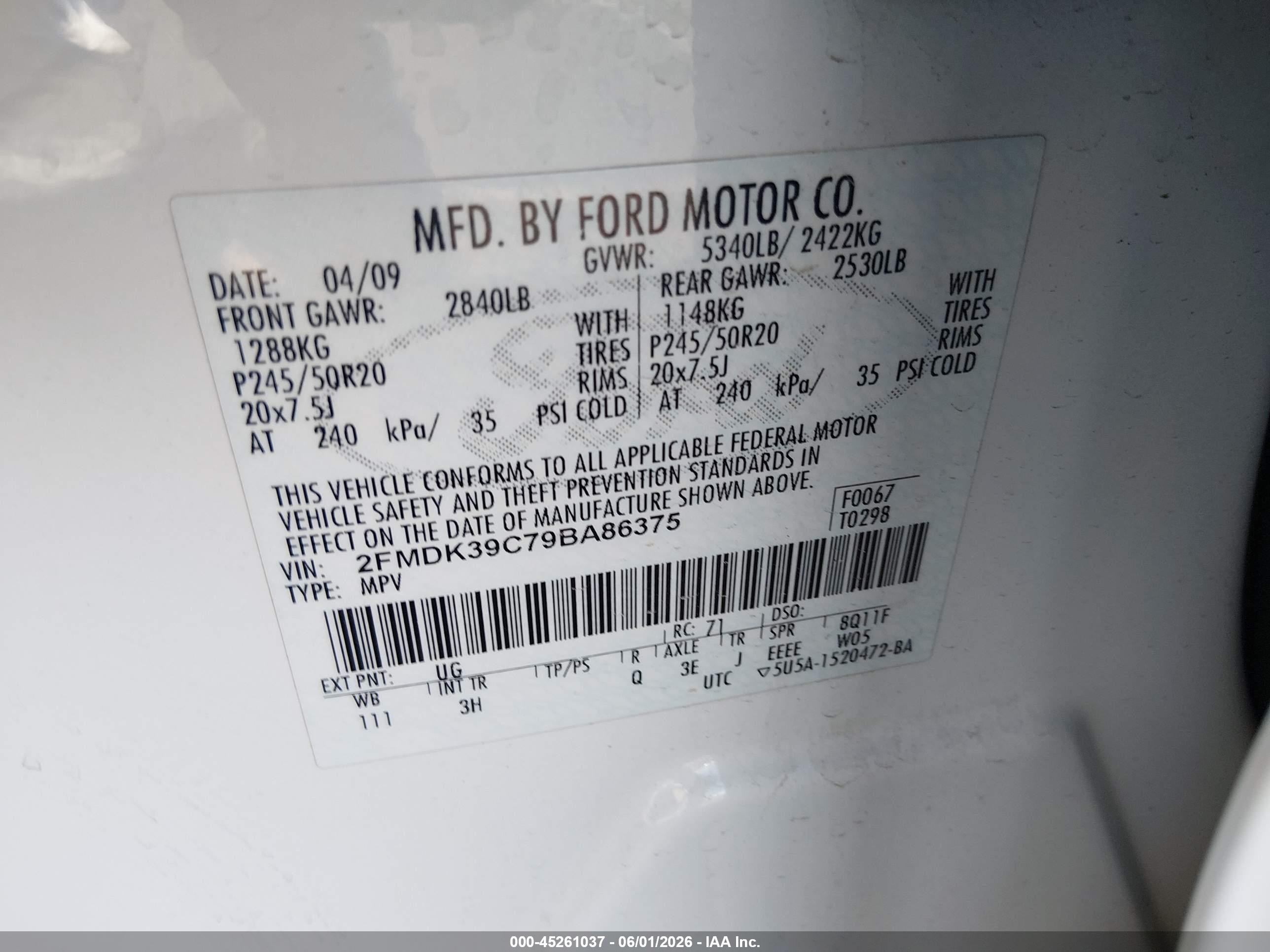 2009 Ford Edge Limited White vin: 2FMDK39C79BA86375