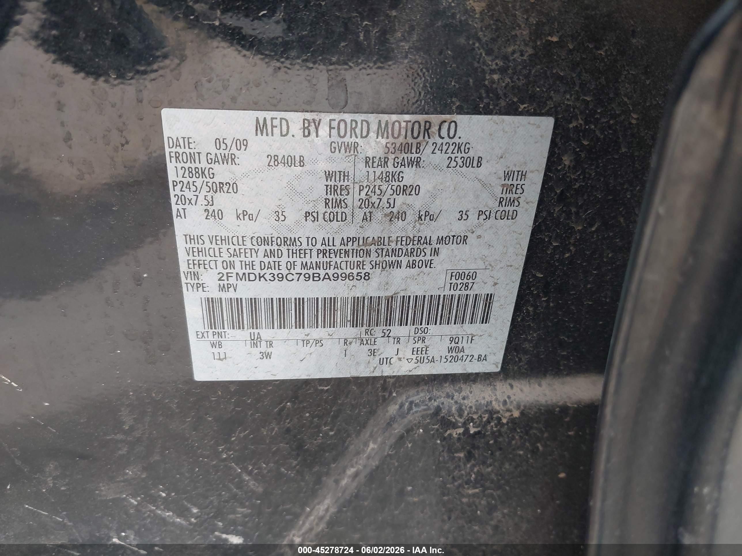 2009 Ford Edge Limited Black vin: 2FMDK39C79BA99658