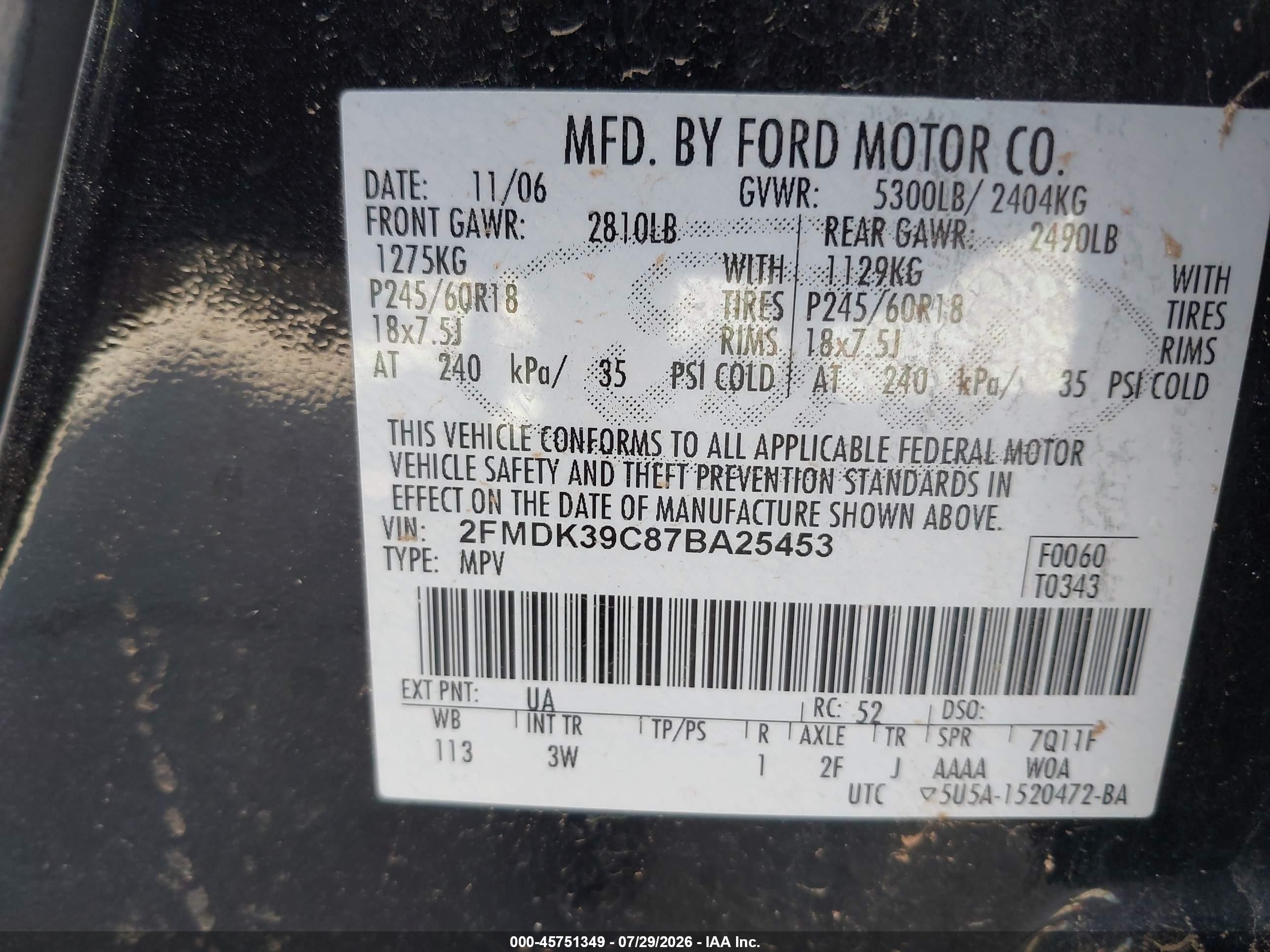 2007 Ford Edge Sel Plus Black vin: 2FMDK39C87BA25453