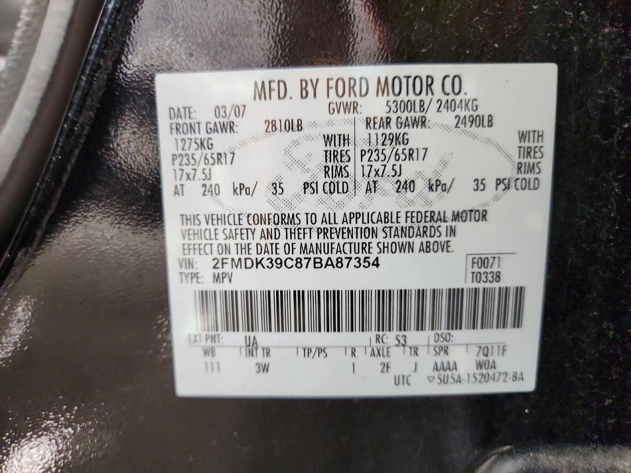 2007 Ford Edge Sel Plus Black vin: 2FMDK39C87BA87354