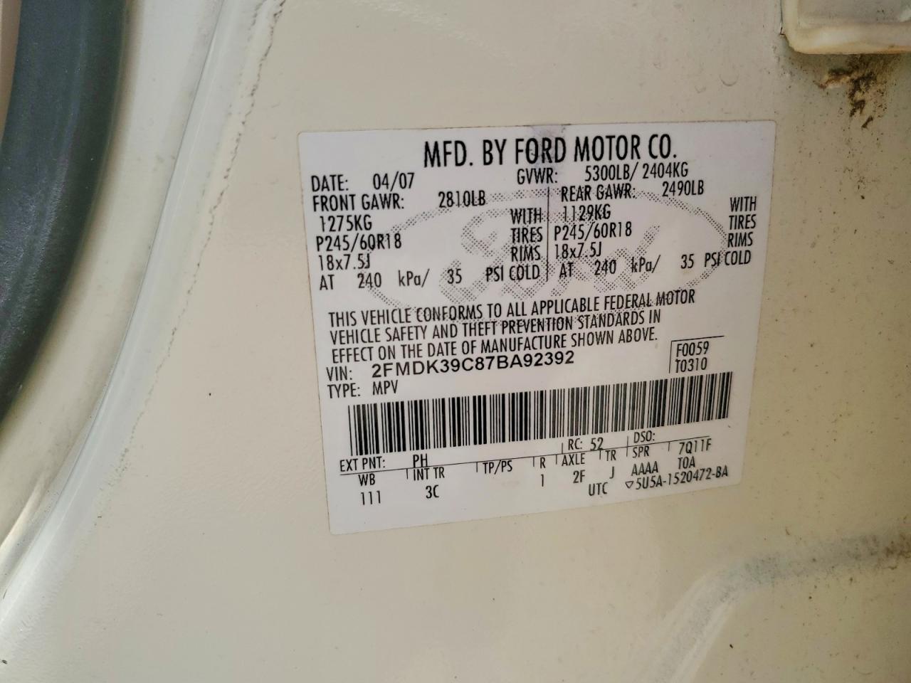 2007 Ford Edge Sel Plus Cream vin: 2FMDK39C87BA92392