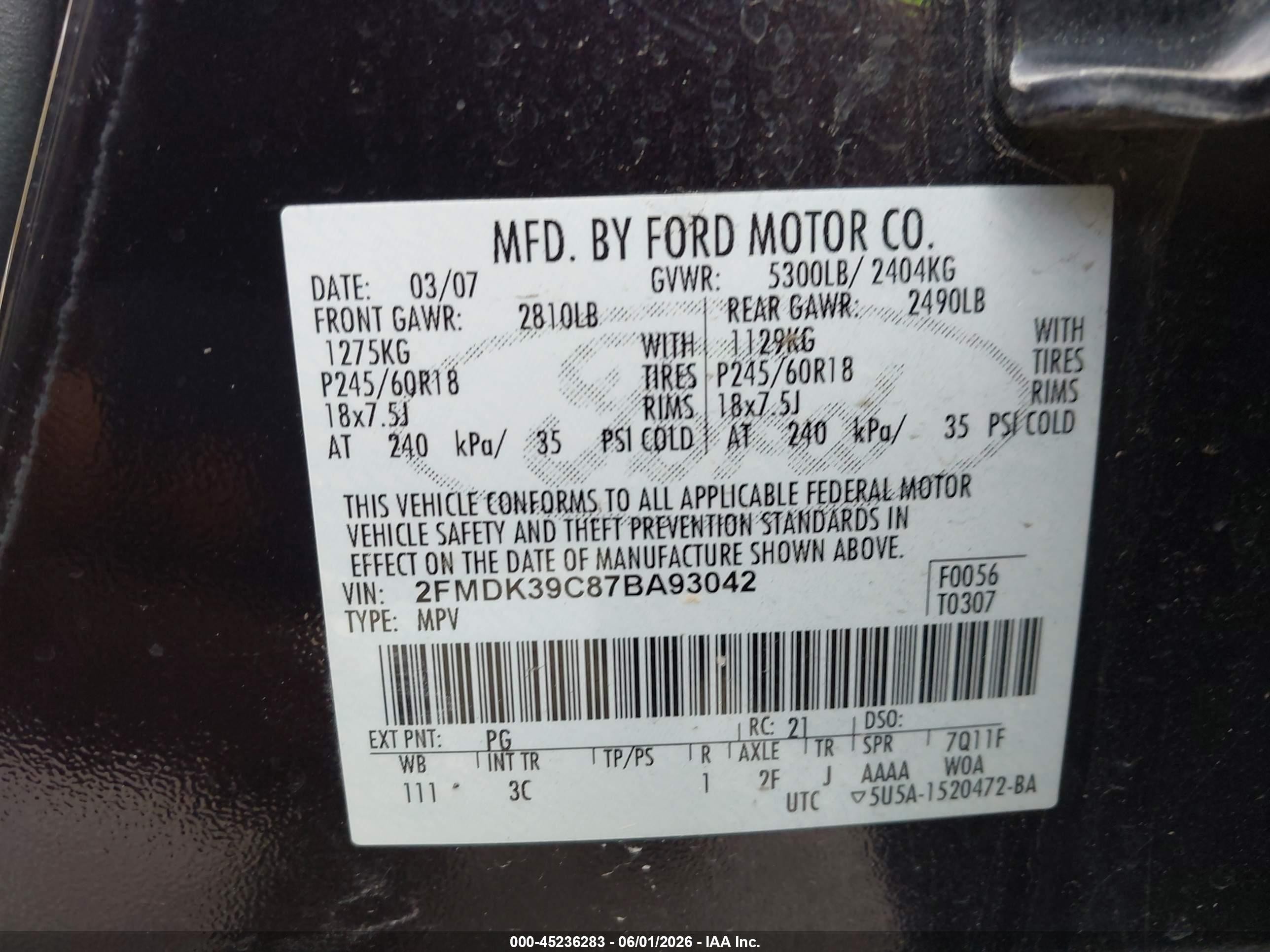 2007 Ford Edge Sel Plus Черный vin: 2FMDK39C87BA93042