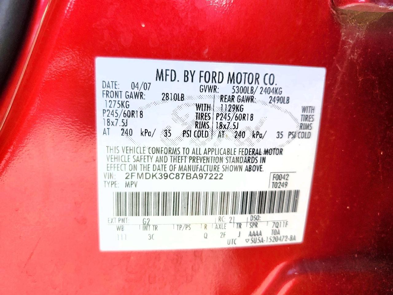 2007 Ford Edge Sel Plus Maroon vin: 2FMDK39C87BA97222