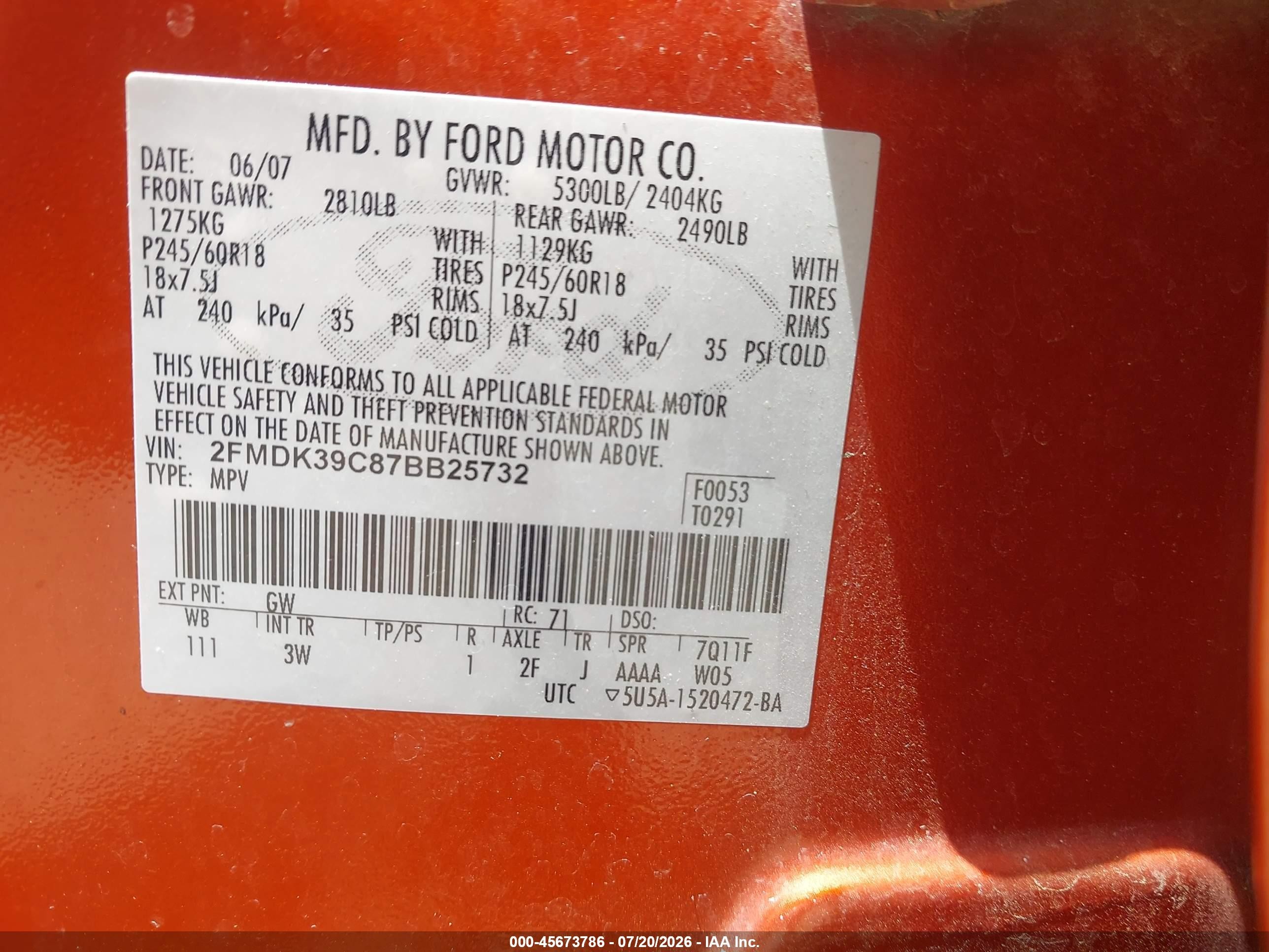 2007 Ford Edge Sel Plus Оранжевый vin: 2FMDK39C87BB25732