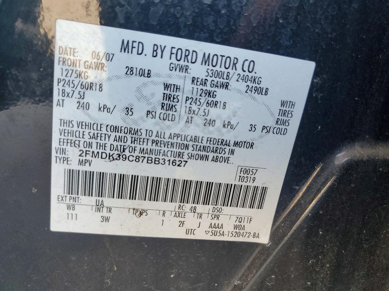 2007 Ford Edge Sel Plus Black vin: 2FMDK39C87BB31627