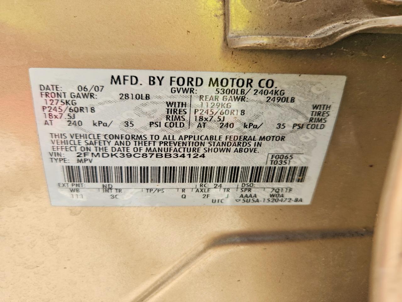 2007 Ford Edge Sel Plus Cream vin: 2FMDK39C87BB34124