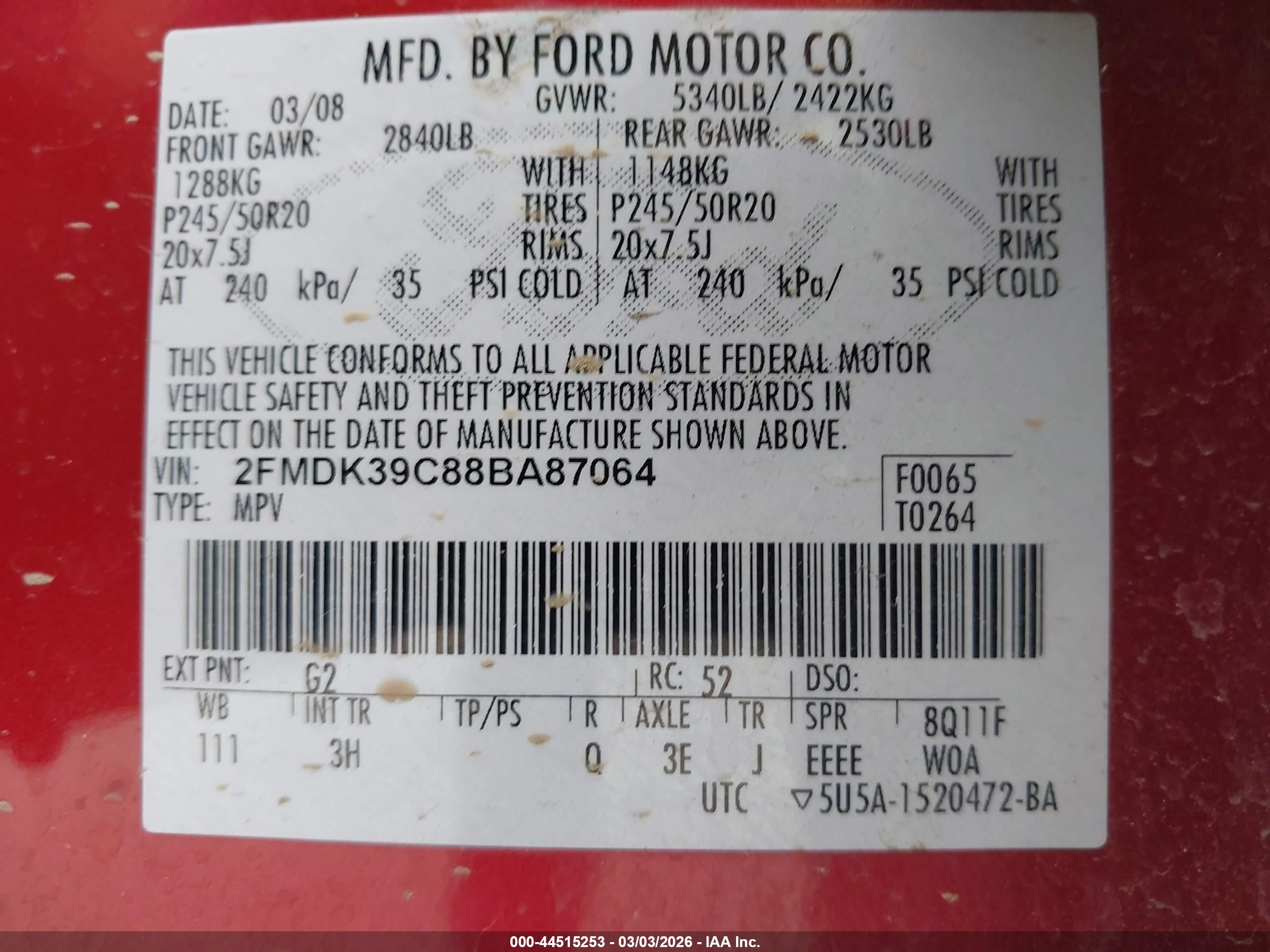 2008 Ford Edge Limited Red vin: 2FMDK39C88BA87064