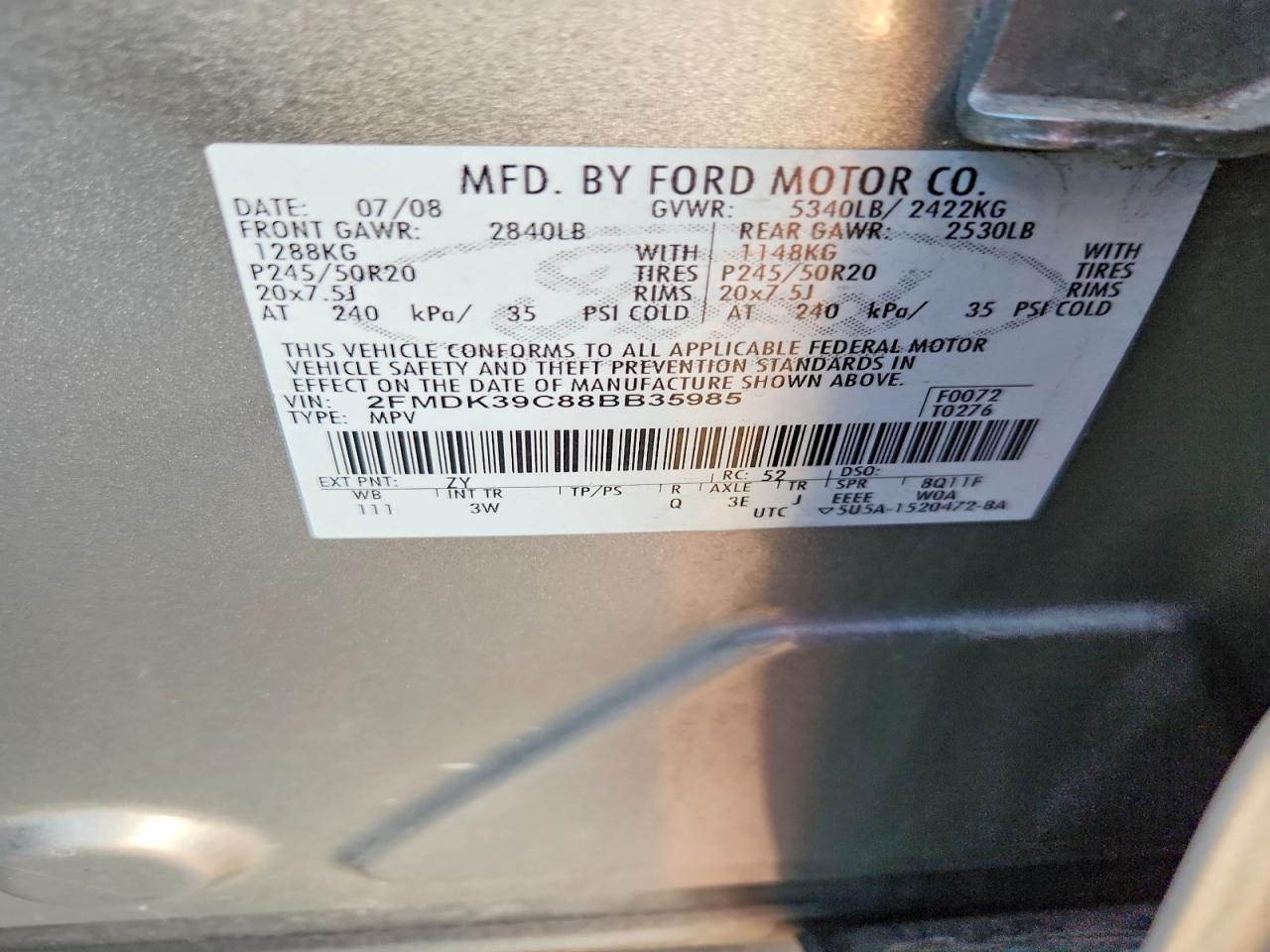 2008 Ford Edge Limited Silver vin: 2FMDK39C88BB35985