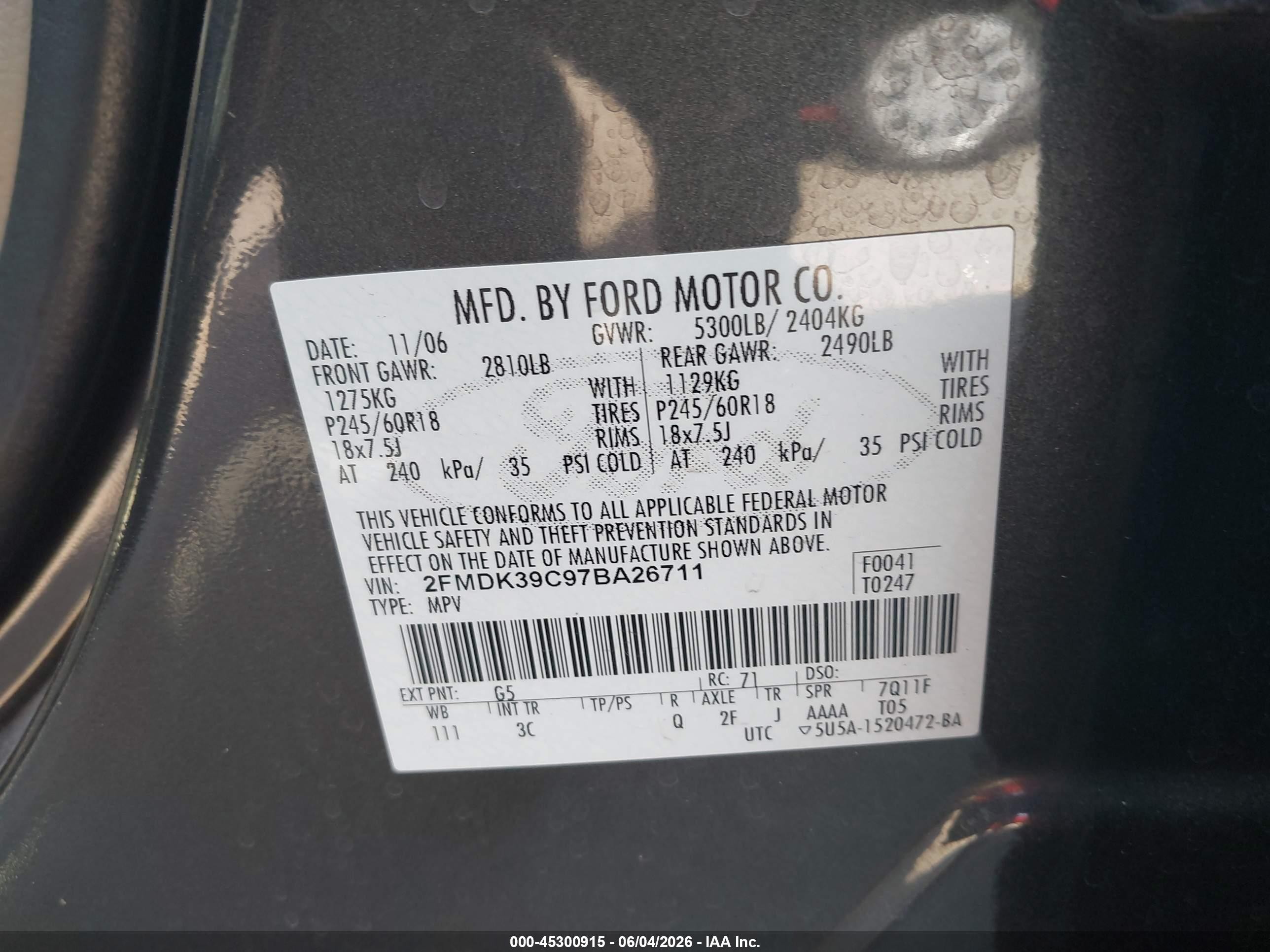 2007 Ford Edge Sel Plus Gray vin: 2FMDK39C97BA26711