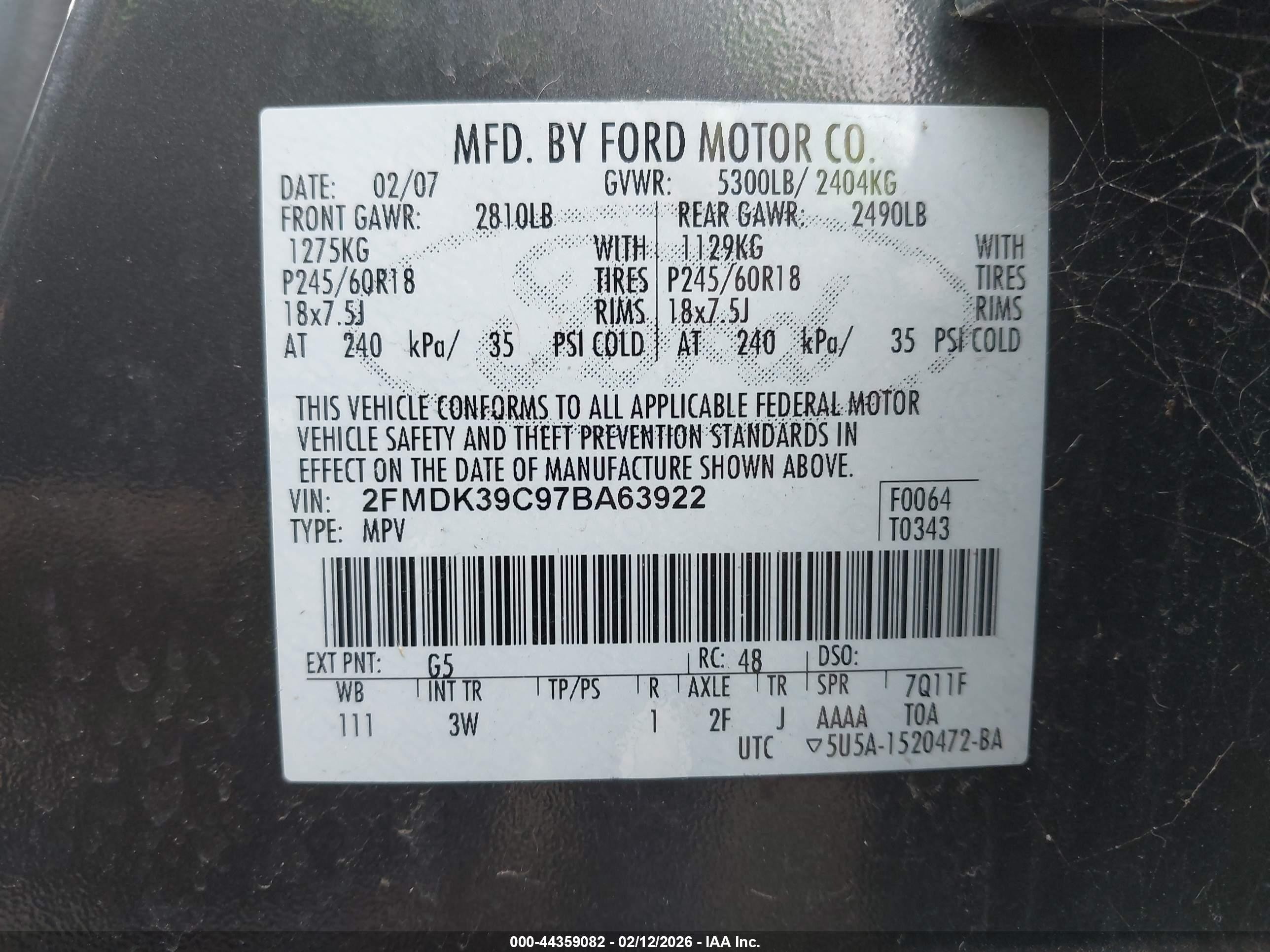2007 Ford Edge Sel Plus Gray vin: 2FMDK39C97BA63922