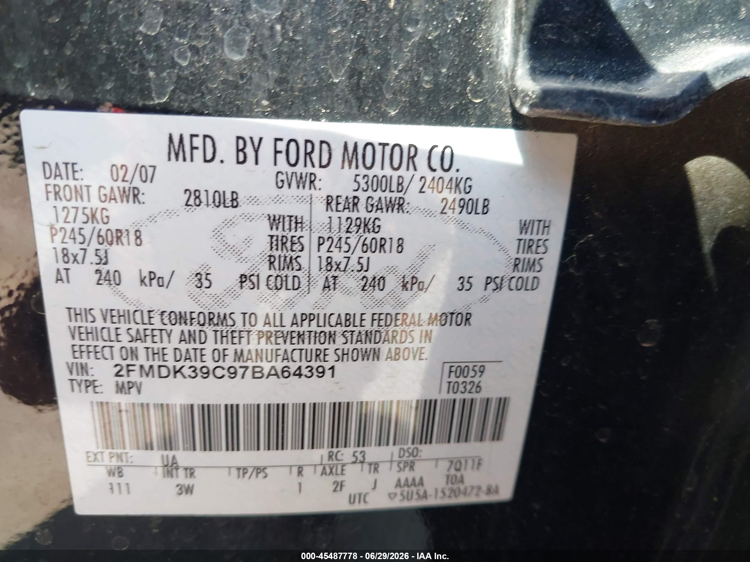 2007 Ford Edge Sel Plus Black vin: 2FMDK39C97BA64391
